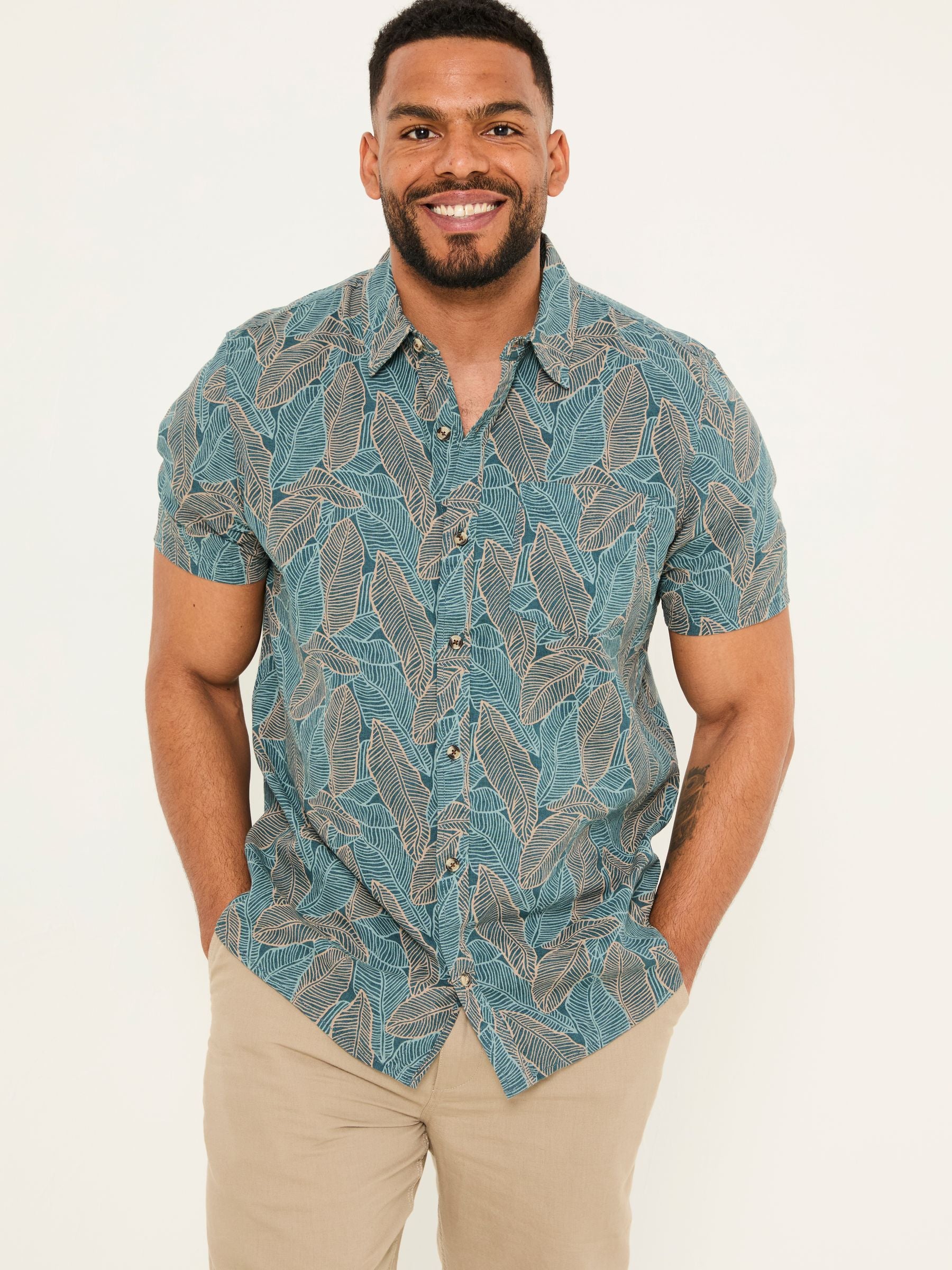Teal Blue Short Sleeve Leaf Print Shirt