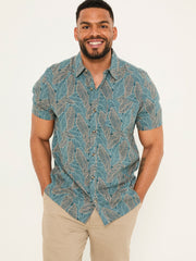 Teal Blue Short Sleeve Leaf Print Shirt
