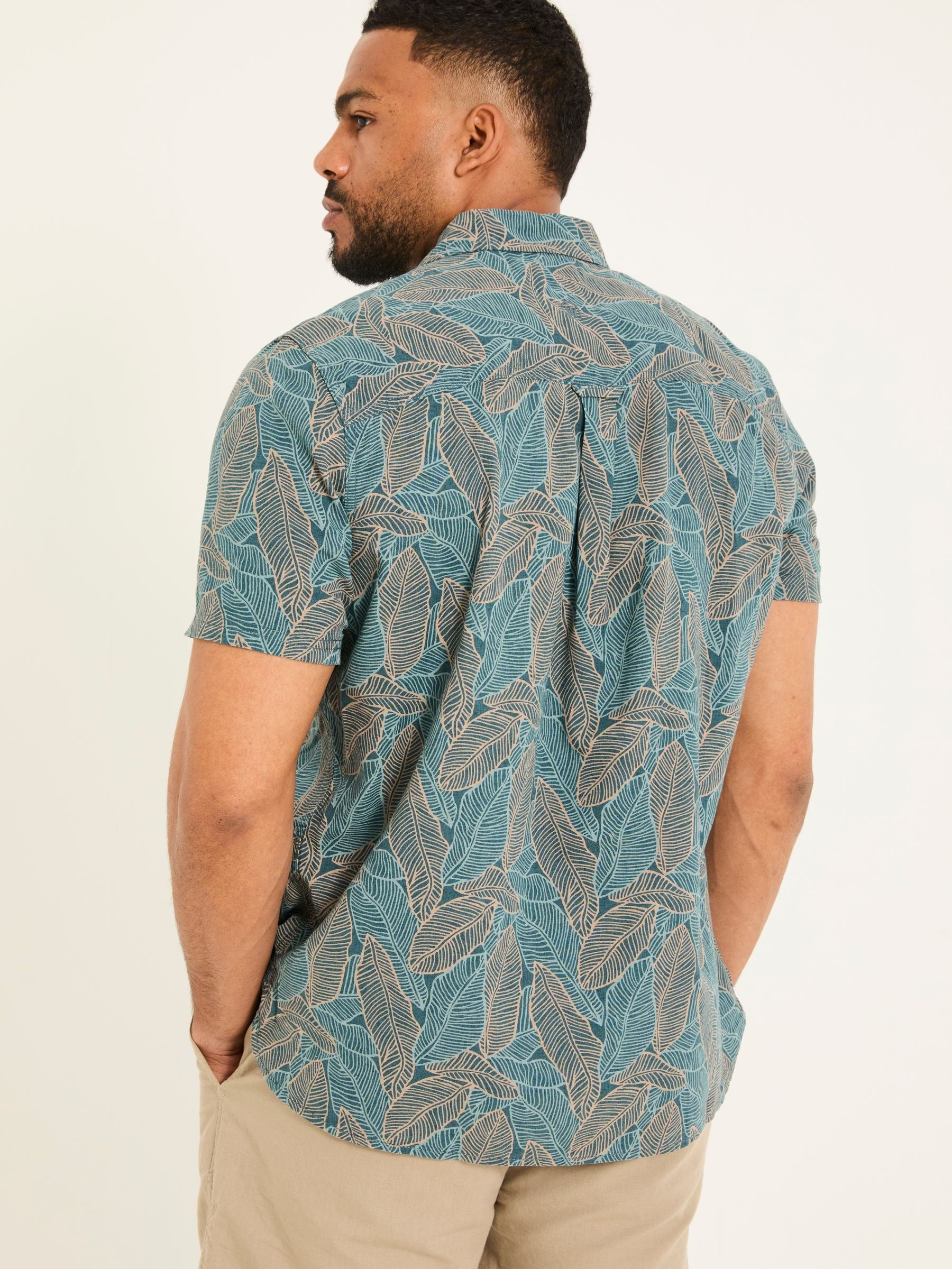 Teal Blue Short Sleeve Leaf Print Shirt