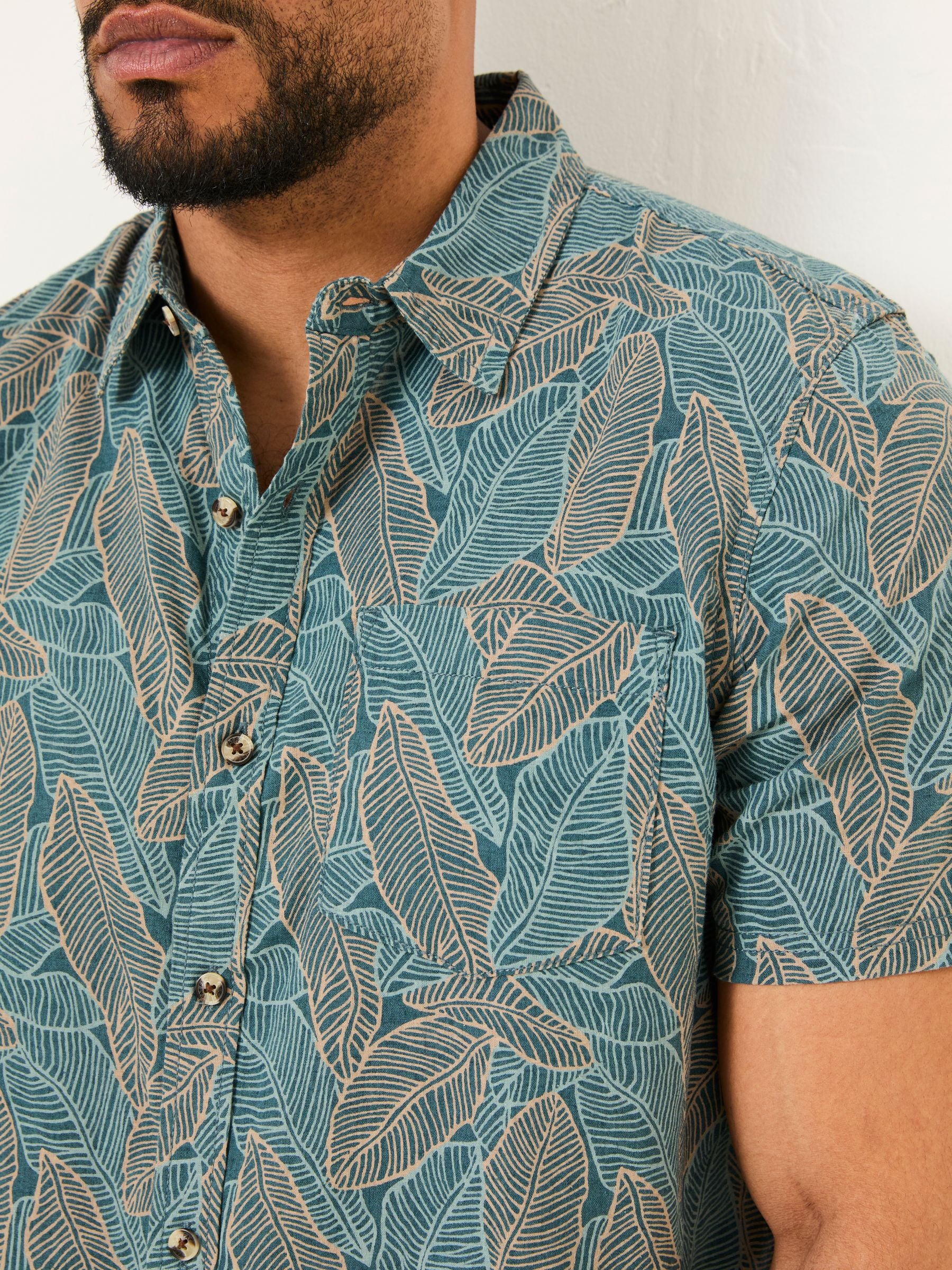 Teal Blue Short Sleeve Leaf Print Shirt