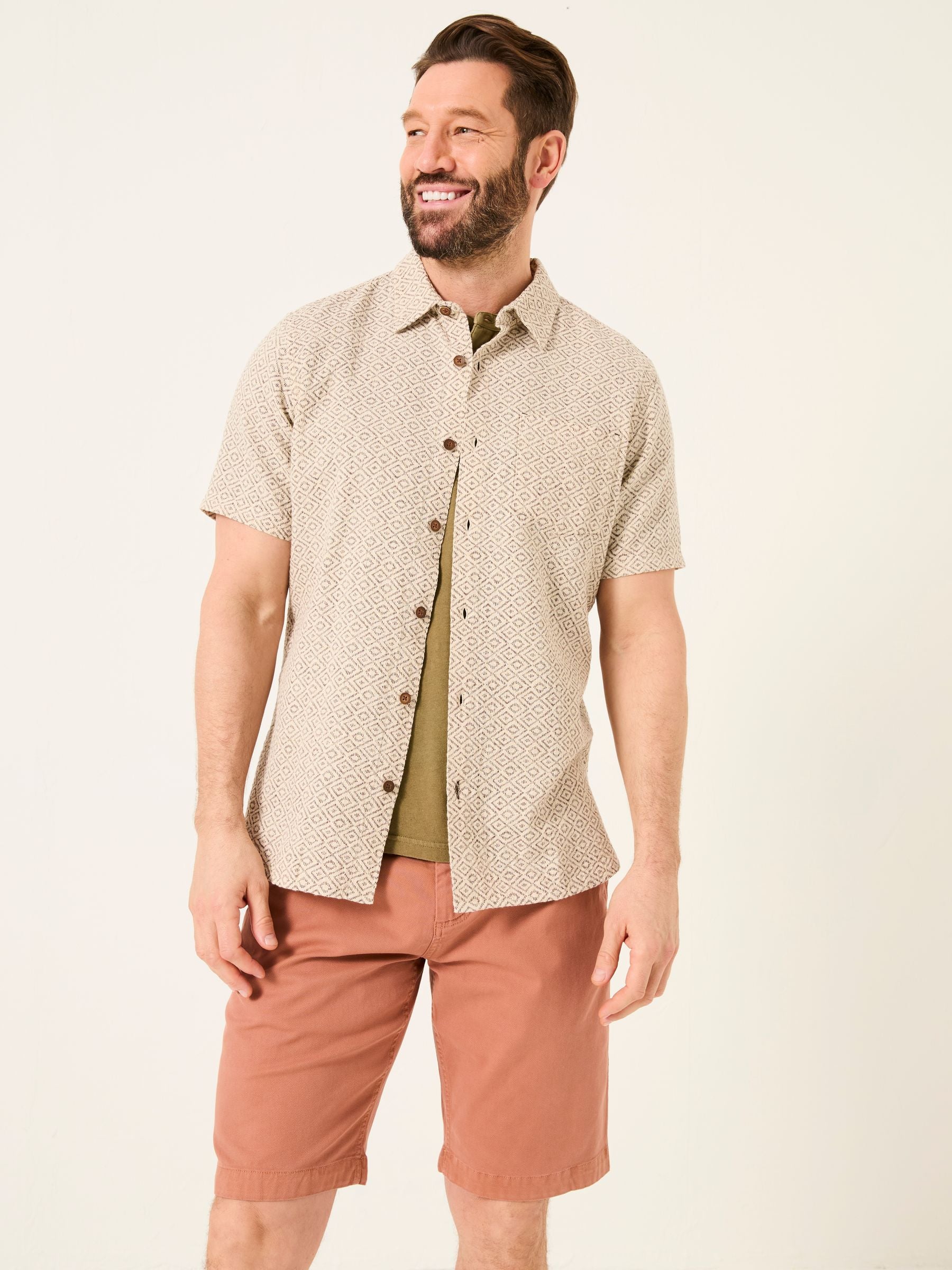 Natural Short Sleeve Diamond Tile Print Shirt