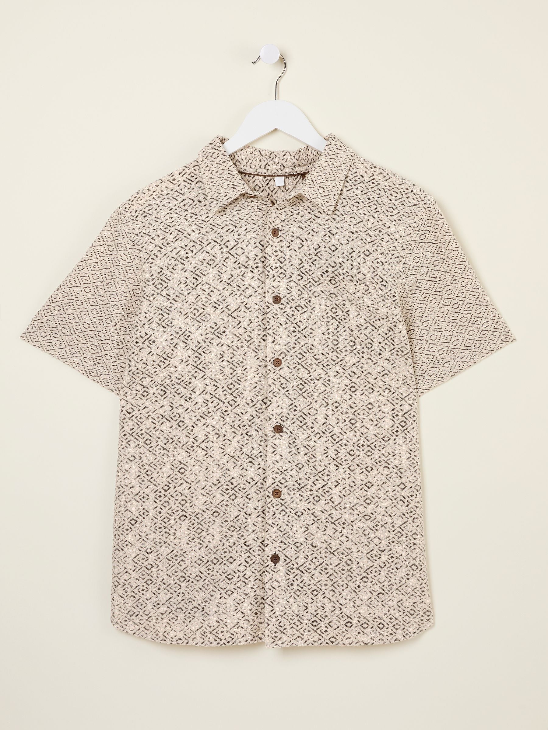Natural Short Sleeve Diamond Tile Print Shirt