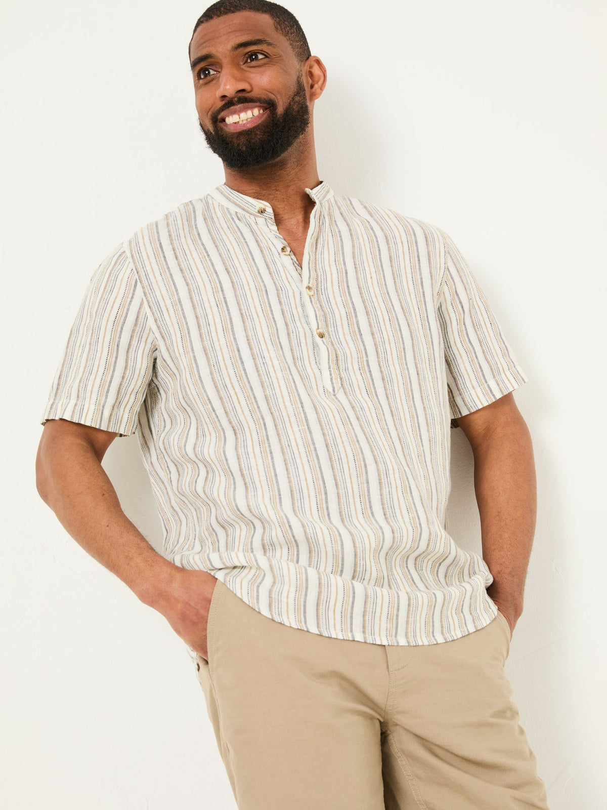 Natural Grandad Short Sleeve Linen Stripe Popover 100% Linen Shirt
