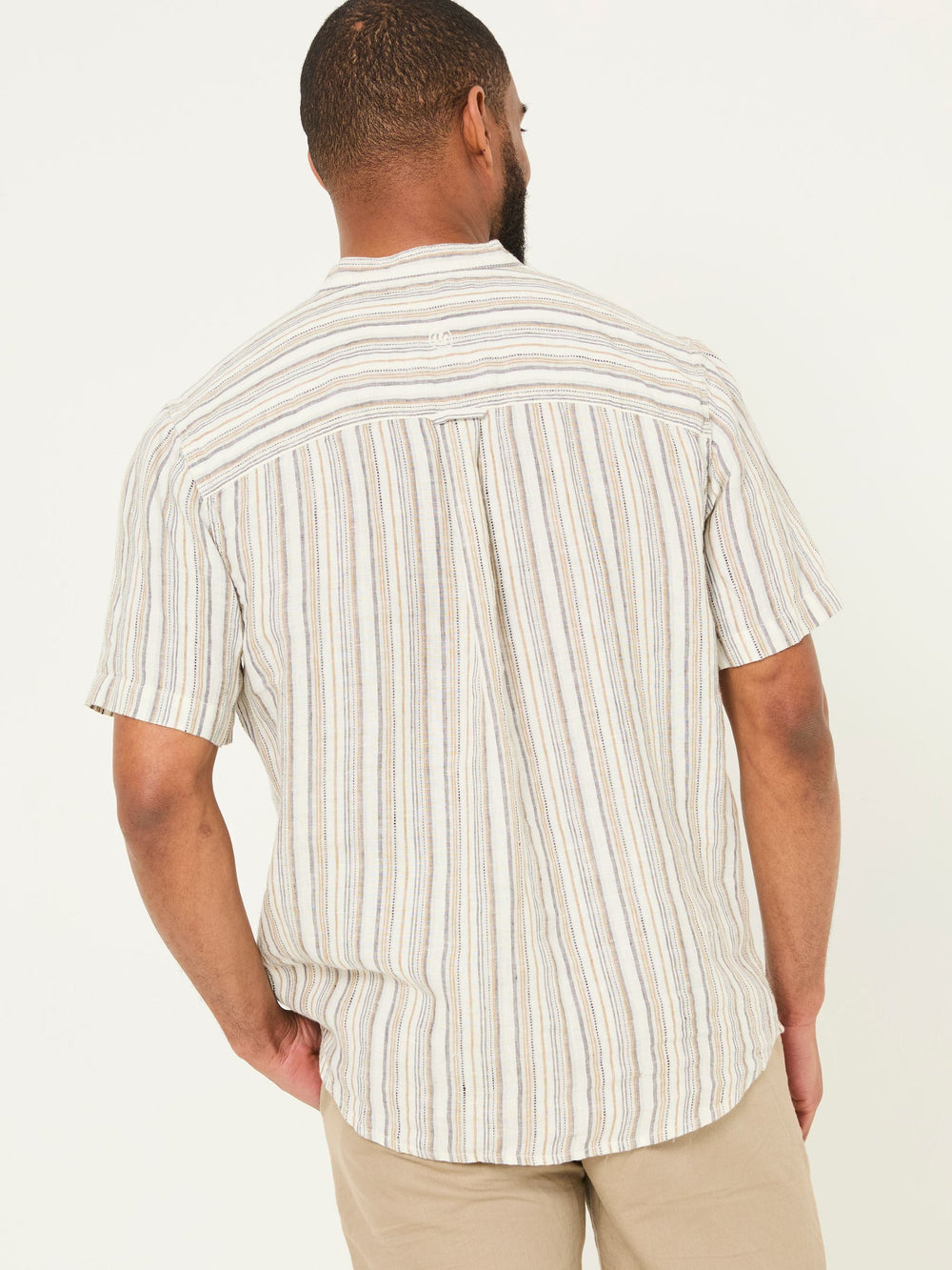 Natural Grandad Short Sleeve Linen Stripe Popover 100% Linen Shirt