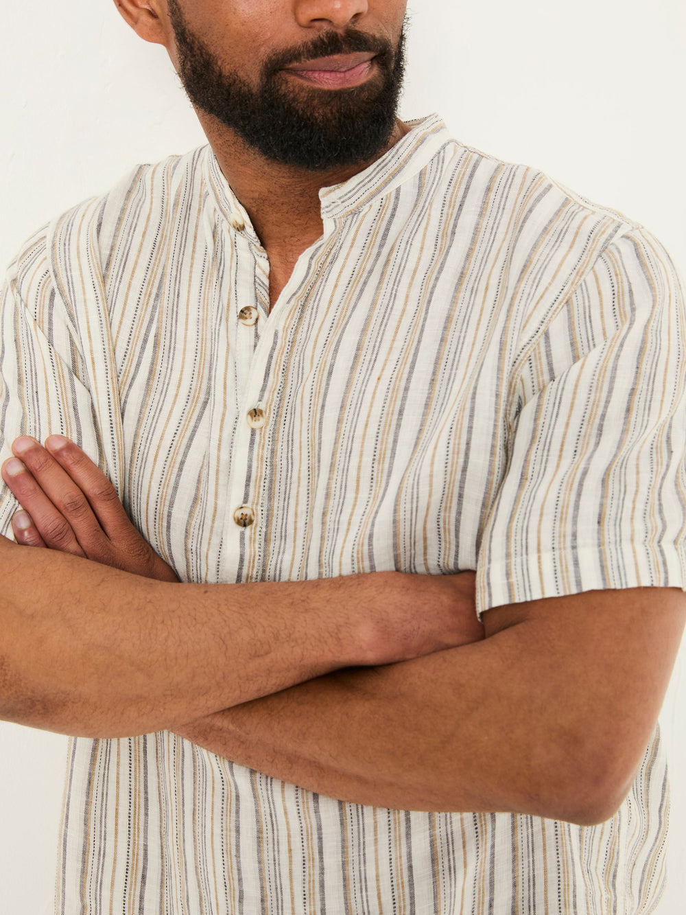 Natural Grandad Short Sleeve Linen Stripe Popover 100% Linen Shirt
