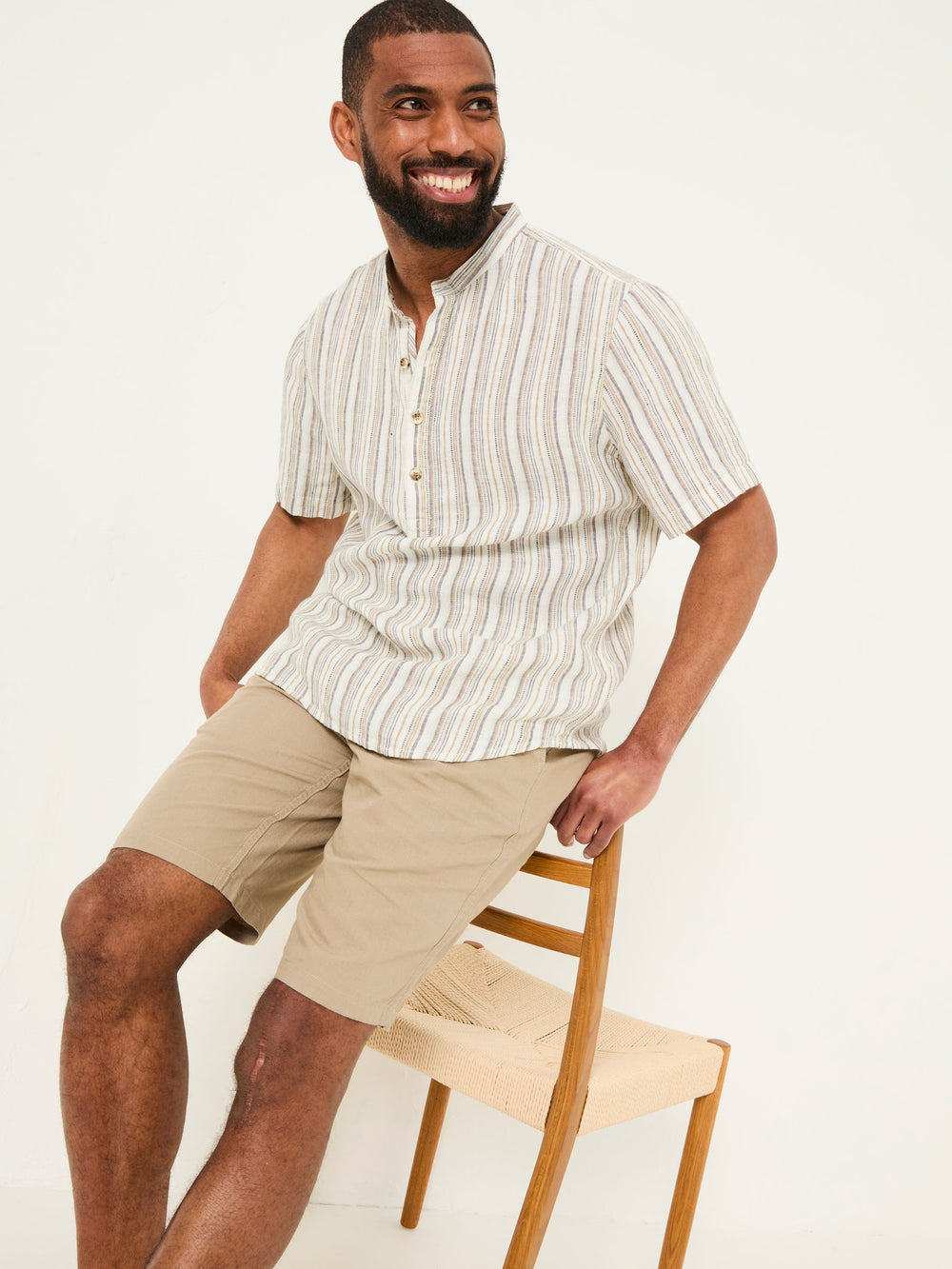 Natural Grandad Short Sleeve Linen Stripe Popover 100% Linen Shirt