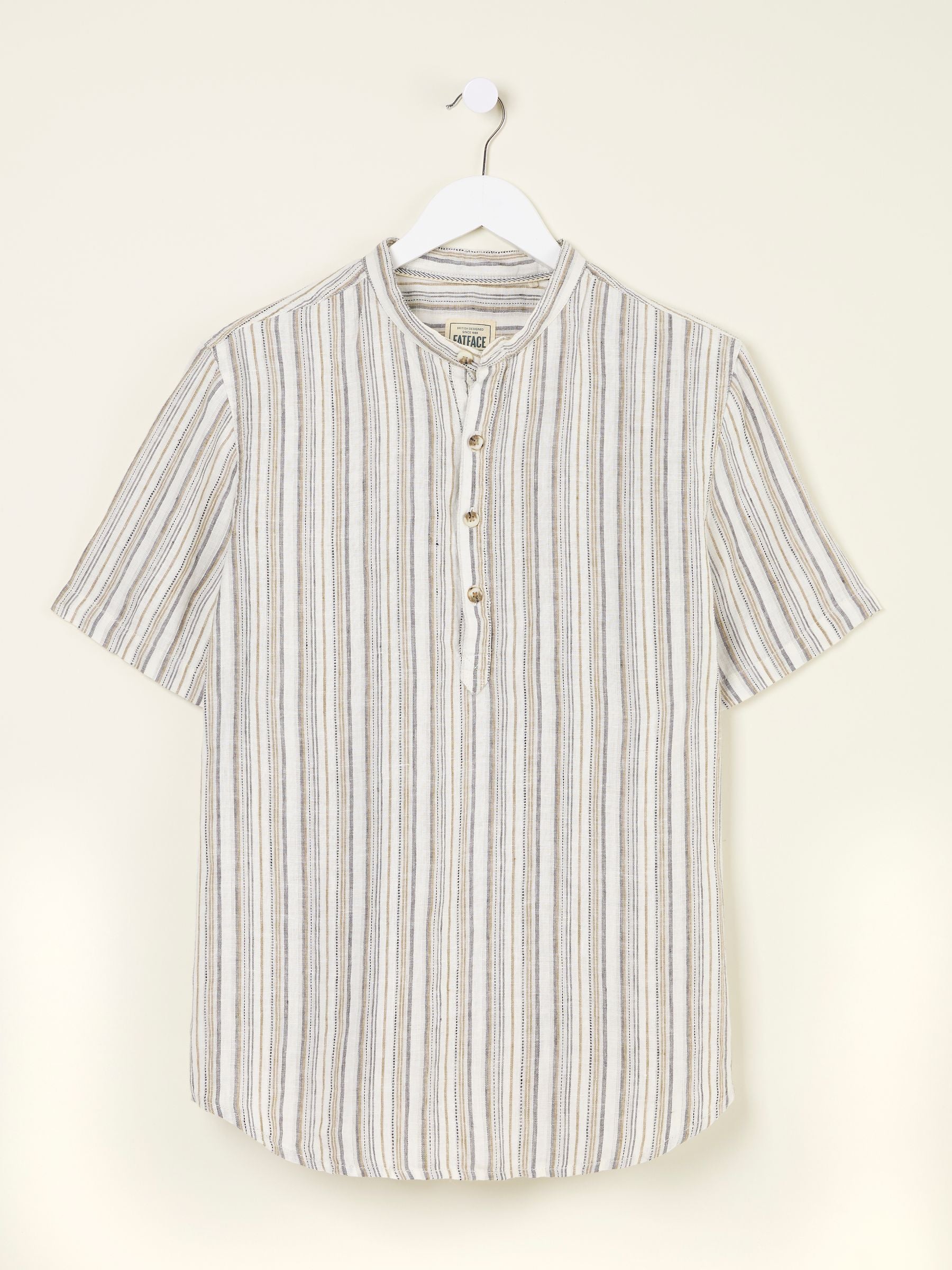 Natural Grandad Short Sleeve Linen Stripe Popover 100% Linen Shirt