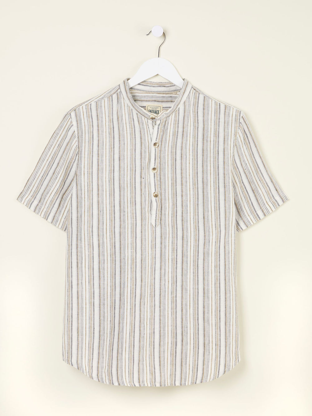 Natural Grandad Short Sleeve Linen Stripe Popover 100% Linen Shirt