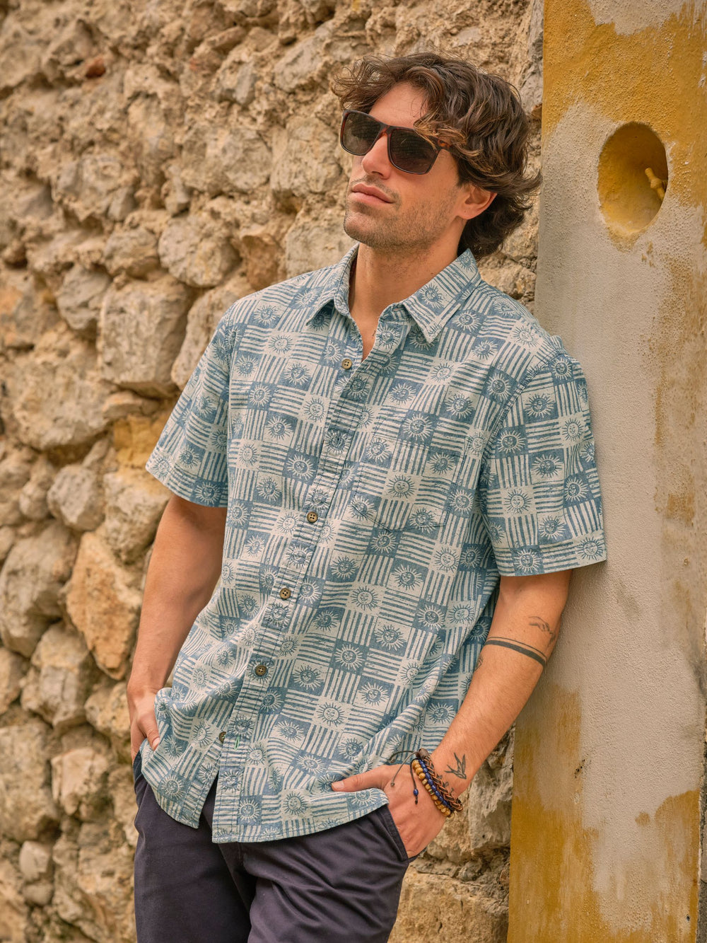 Blue Sun Short Sleeve Sun Print 100% Cotton Shirt