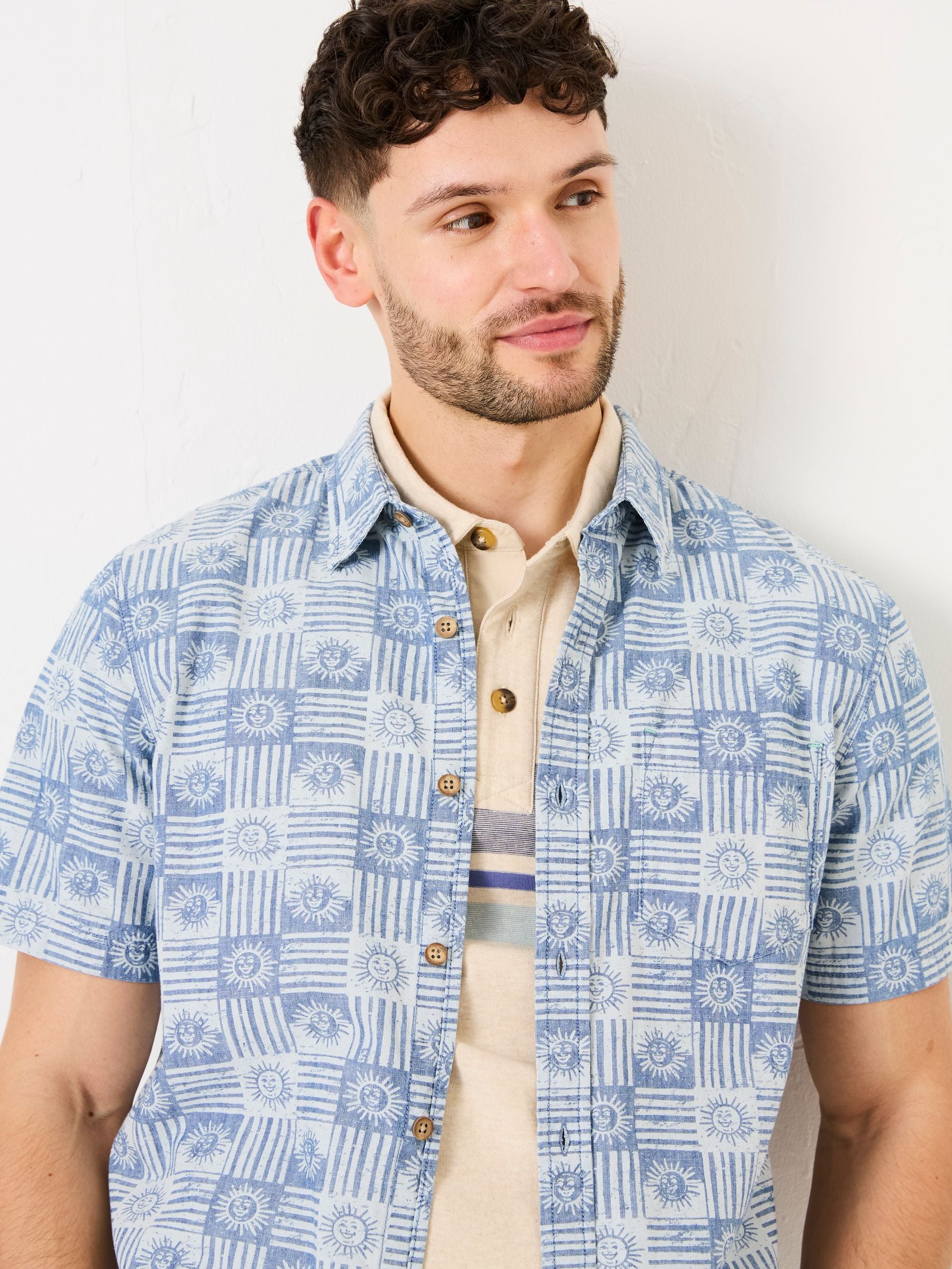Blue Sun Short Sleeve Sun Print 100% Cotton Shirt