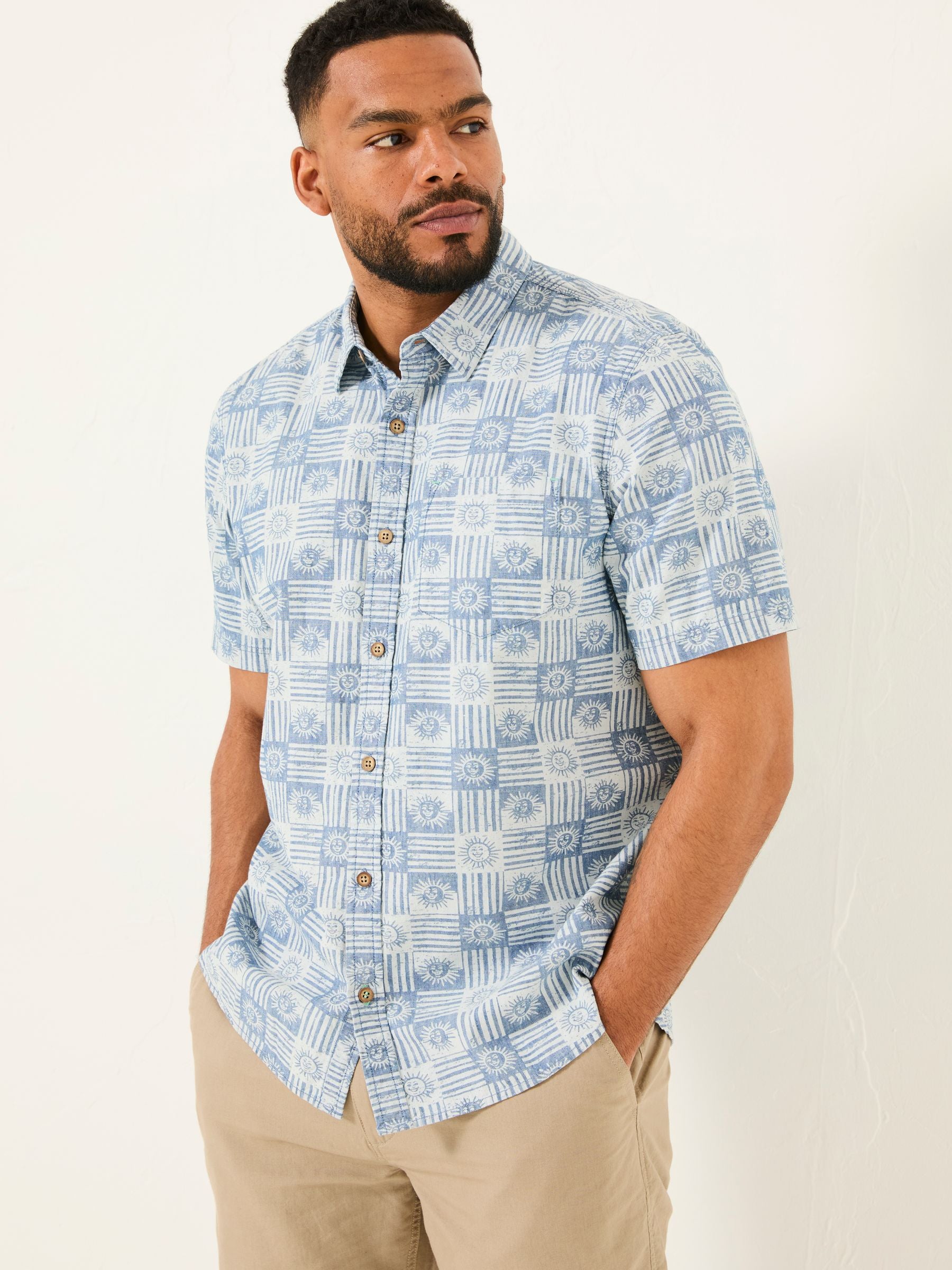 Blue Sun Short Sleeve Sun Print 100% Cotton Shirt