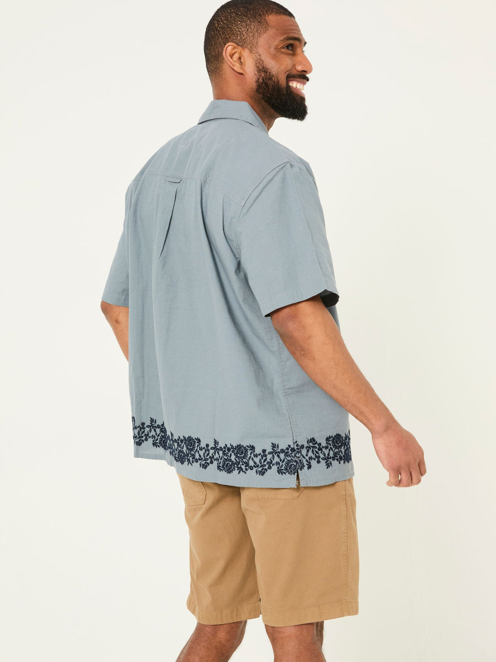 Blue Short Sleeve Embroidered Floral 100% Cotton Shirt
