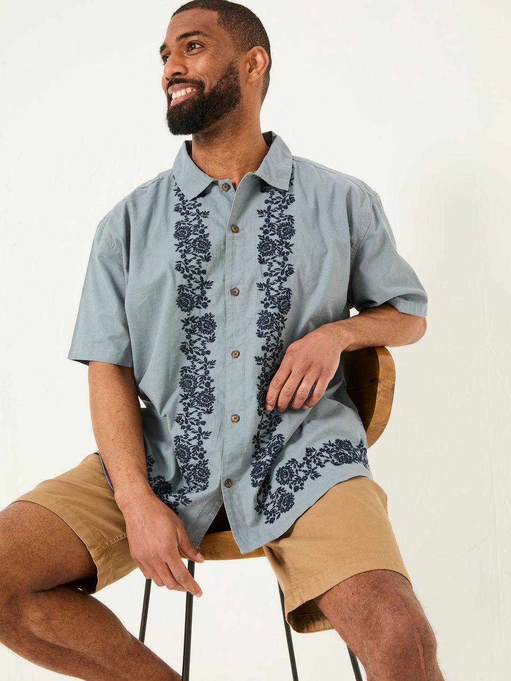 Blue Short Sleeve Embroidered Floral 100% Cotton Shirt