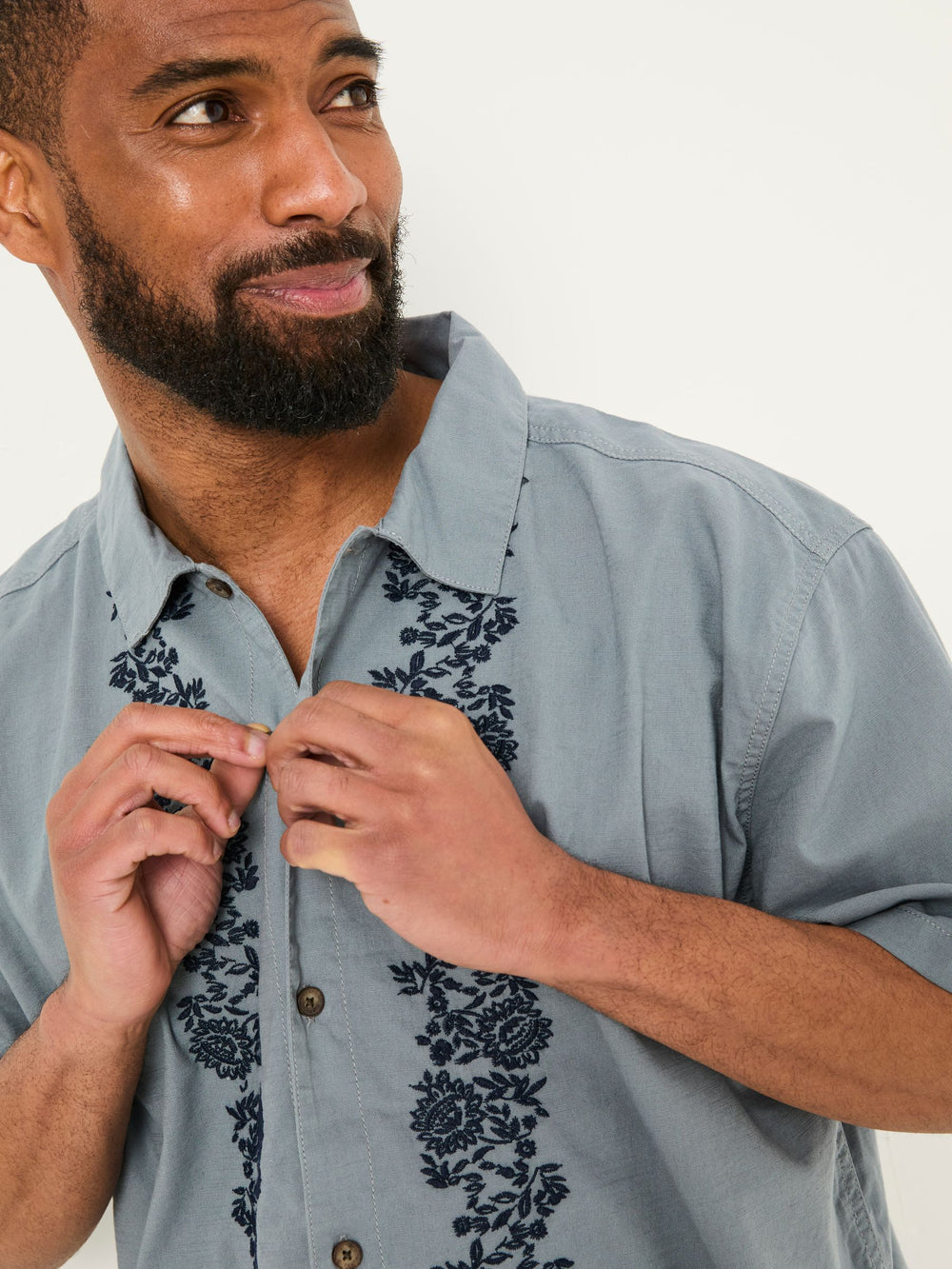 Blue Short Sleeve Embroidered Floral 100% Cotton Shirt