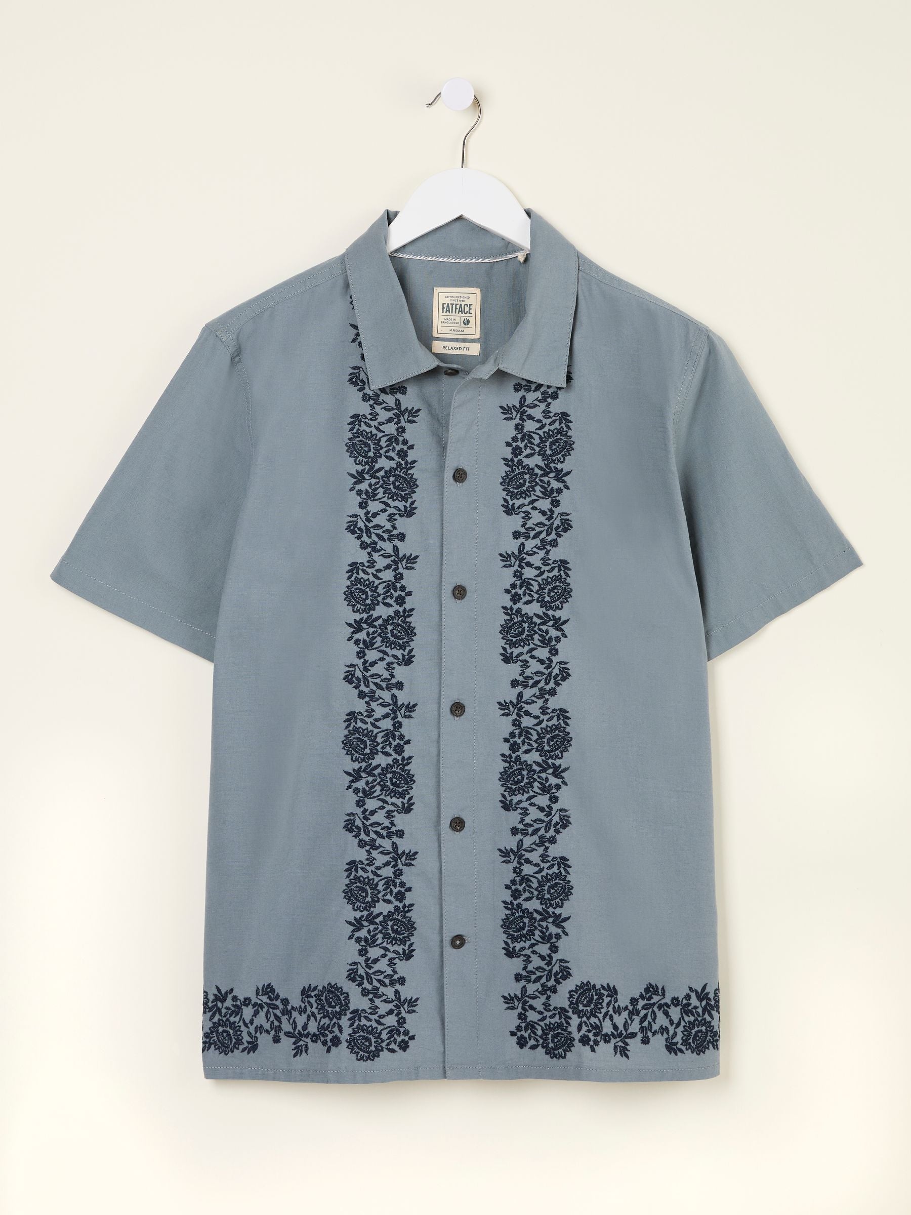 Blue Short Sleeve Embroidered Floral 100% Cotton Shirt