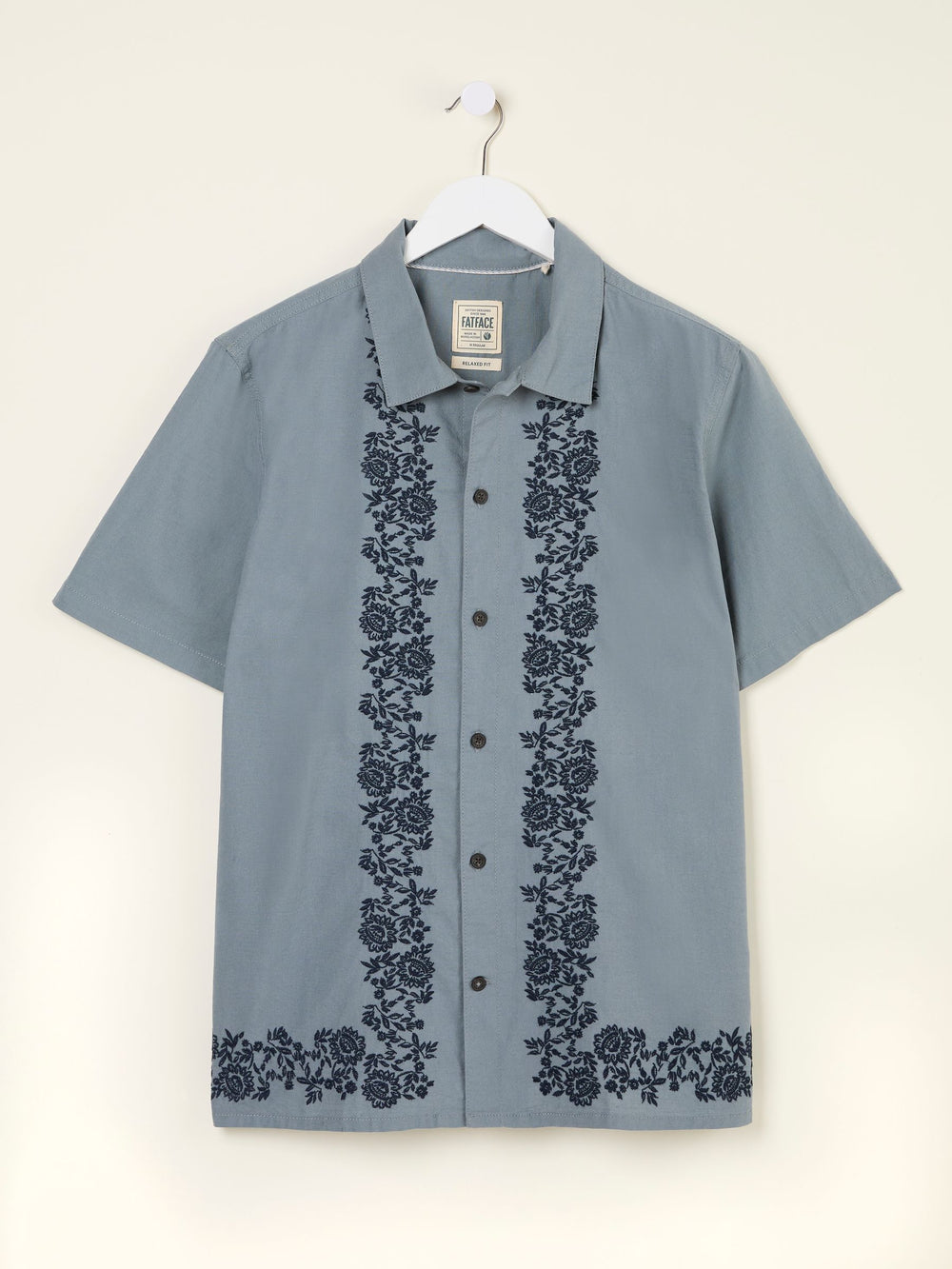 Blue Short Sleeve Embroidered Floral 100% Cotton Shirt