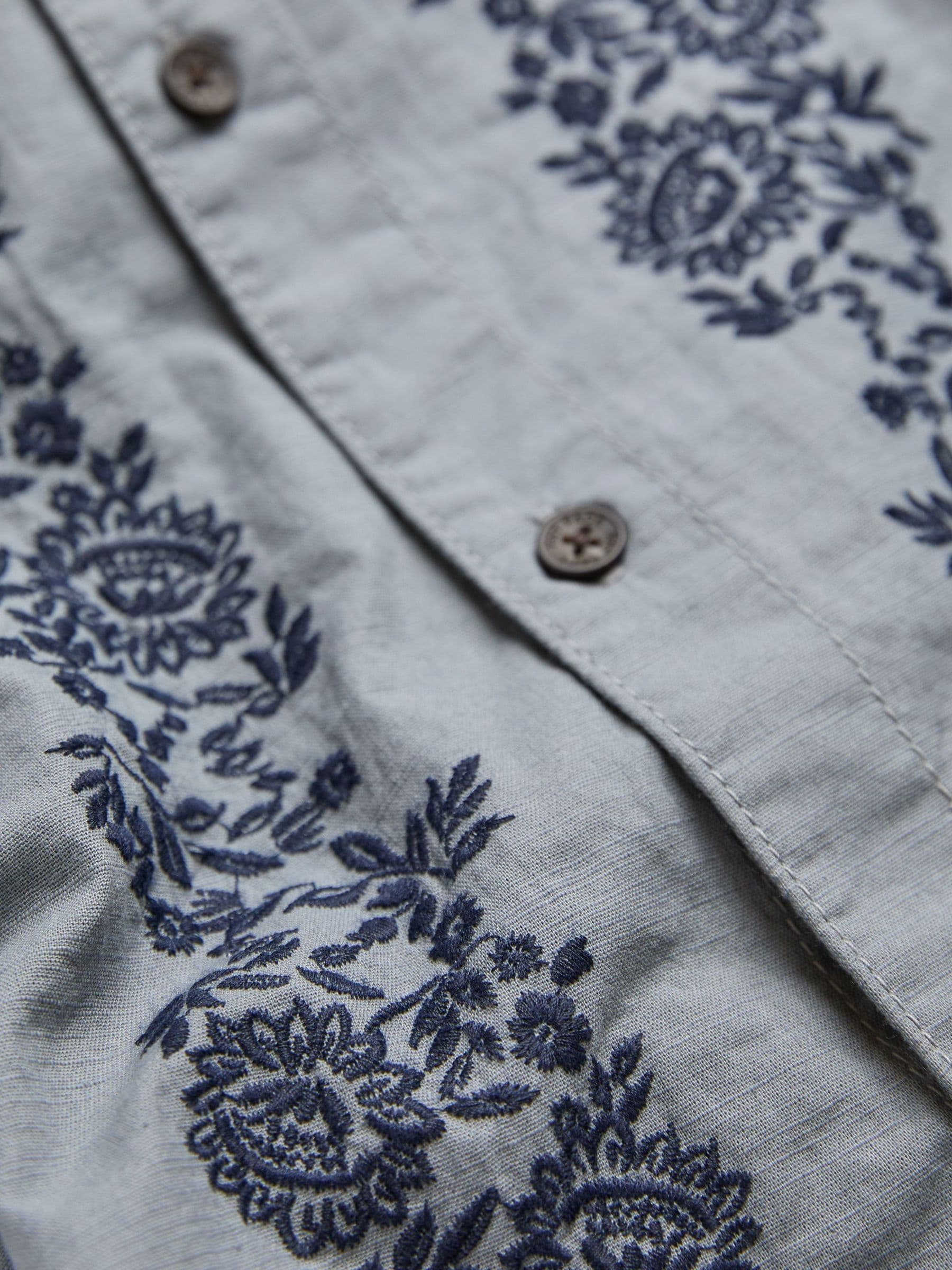 Blue Short Sleeve Embroidered Floral 100% Cotton Shirt