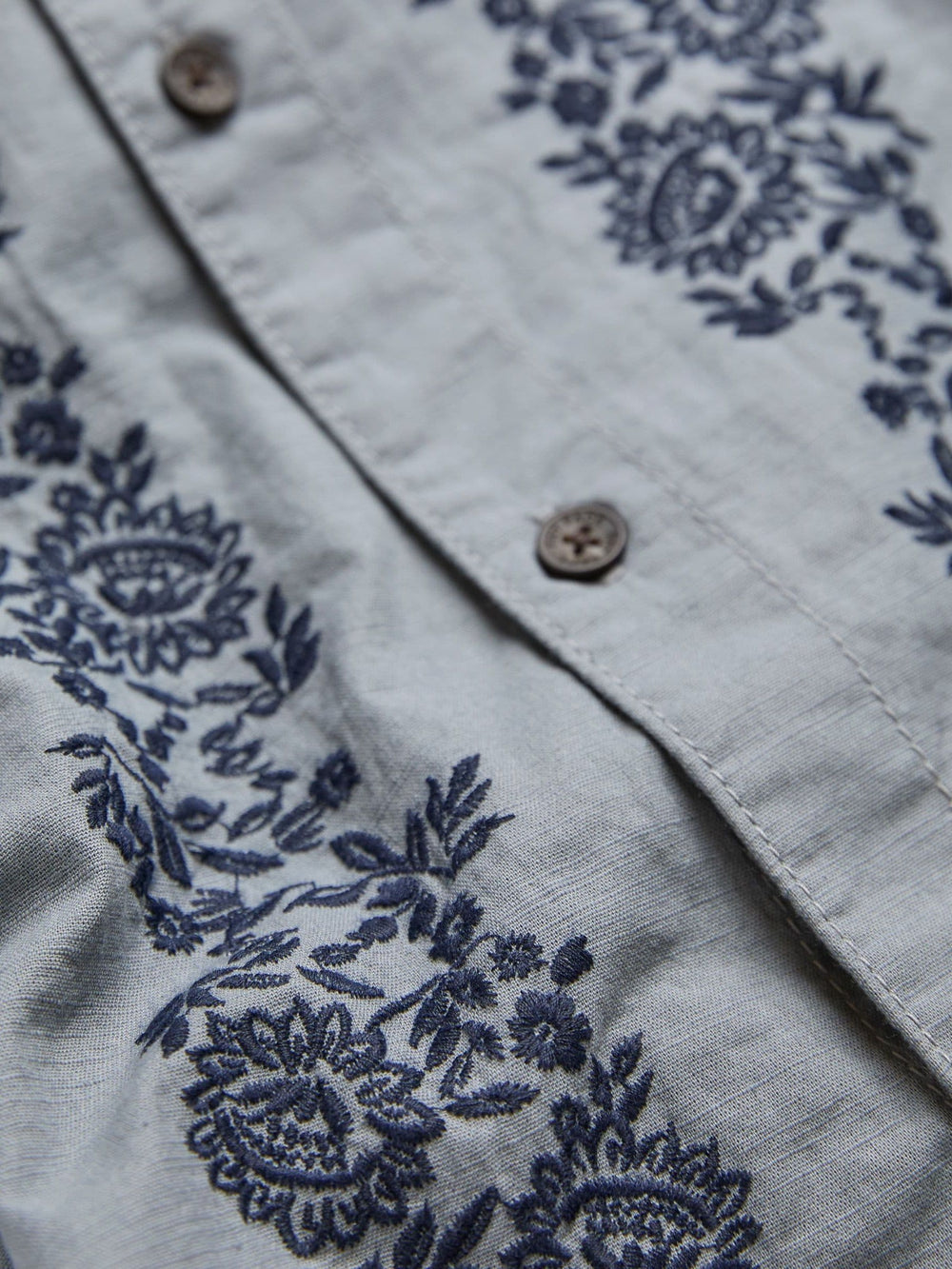 Blue Short Sleeve Embroidered Floral 100% Cotton Shirt