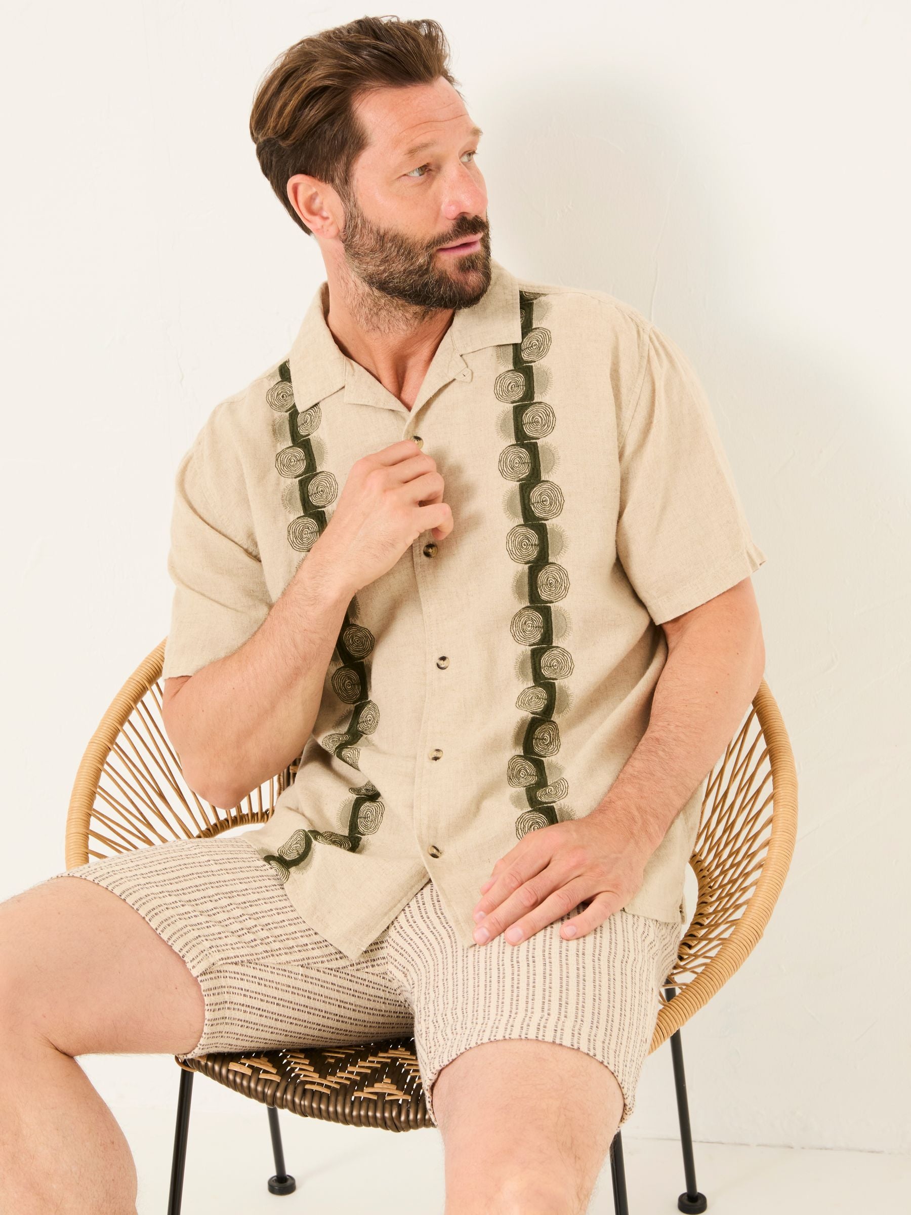 Natural Short Sleeve Embroidered Floral 100% Cotton Shirt