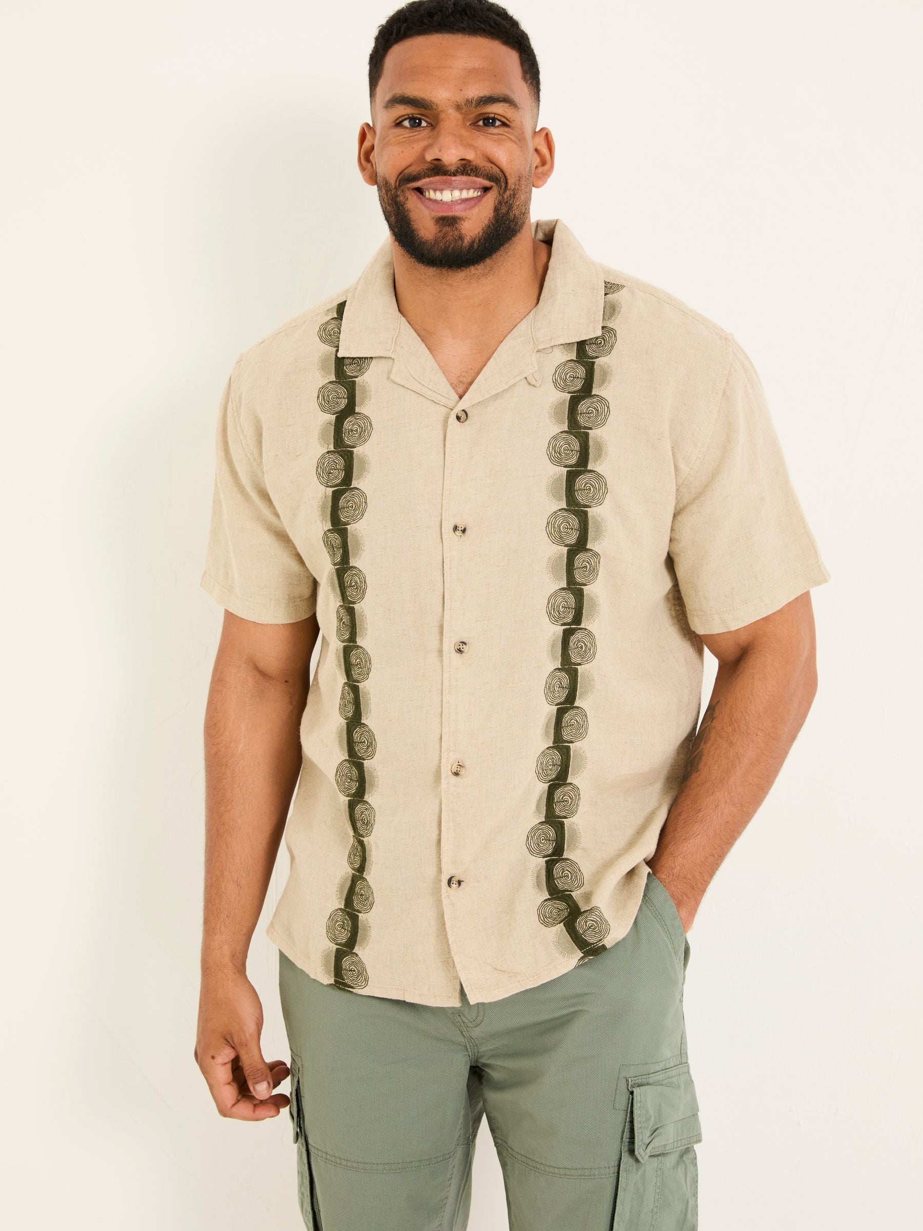 Natural Short Sleeve Embroidered Floral 100% Cotton Shirt
