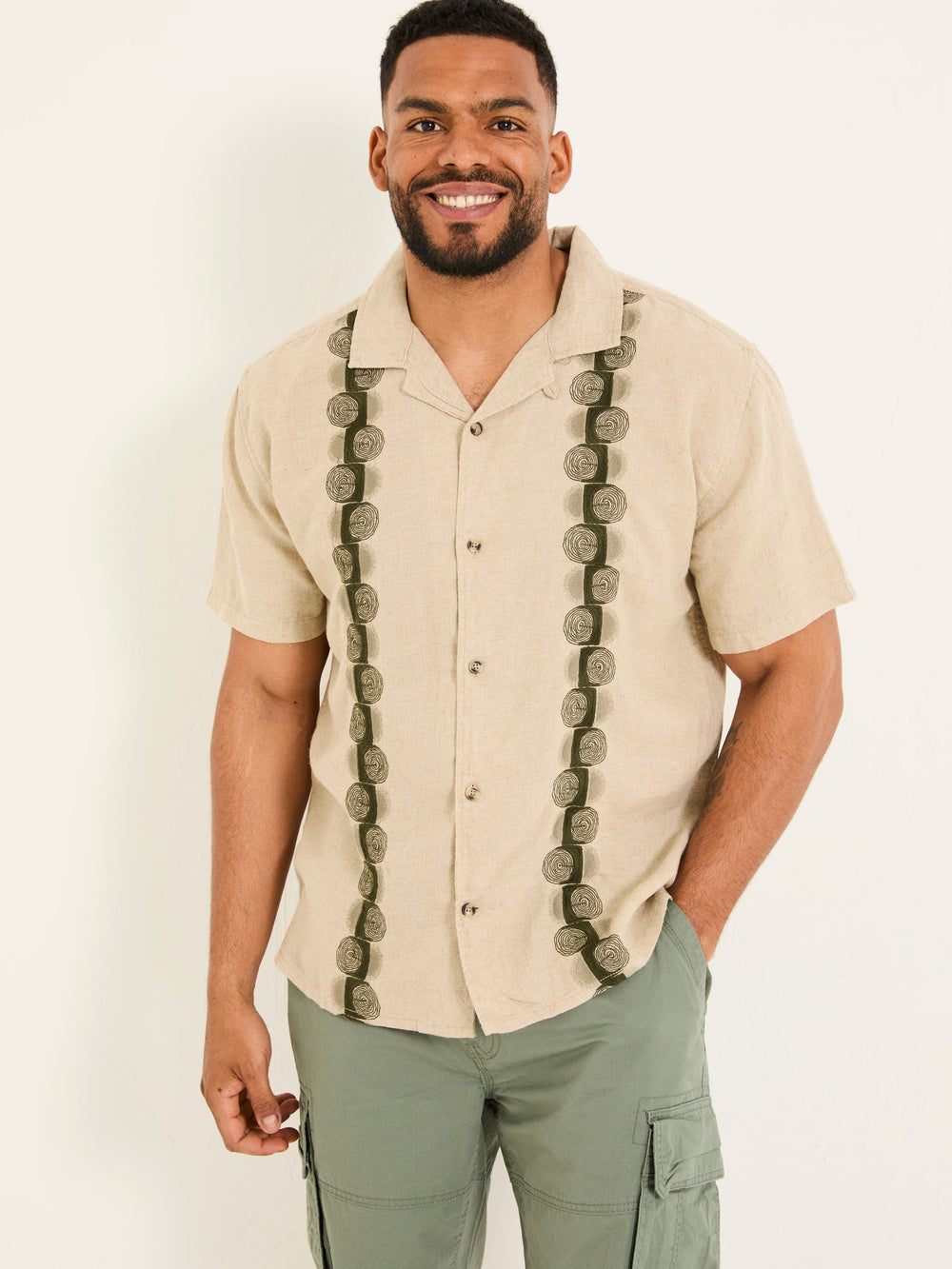 Natural Short Sleeve Embroidered Floral 100% Cotton Shirt