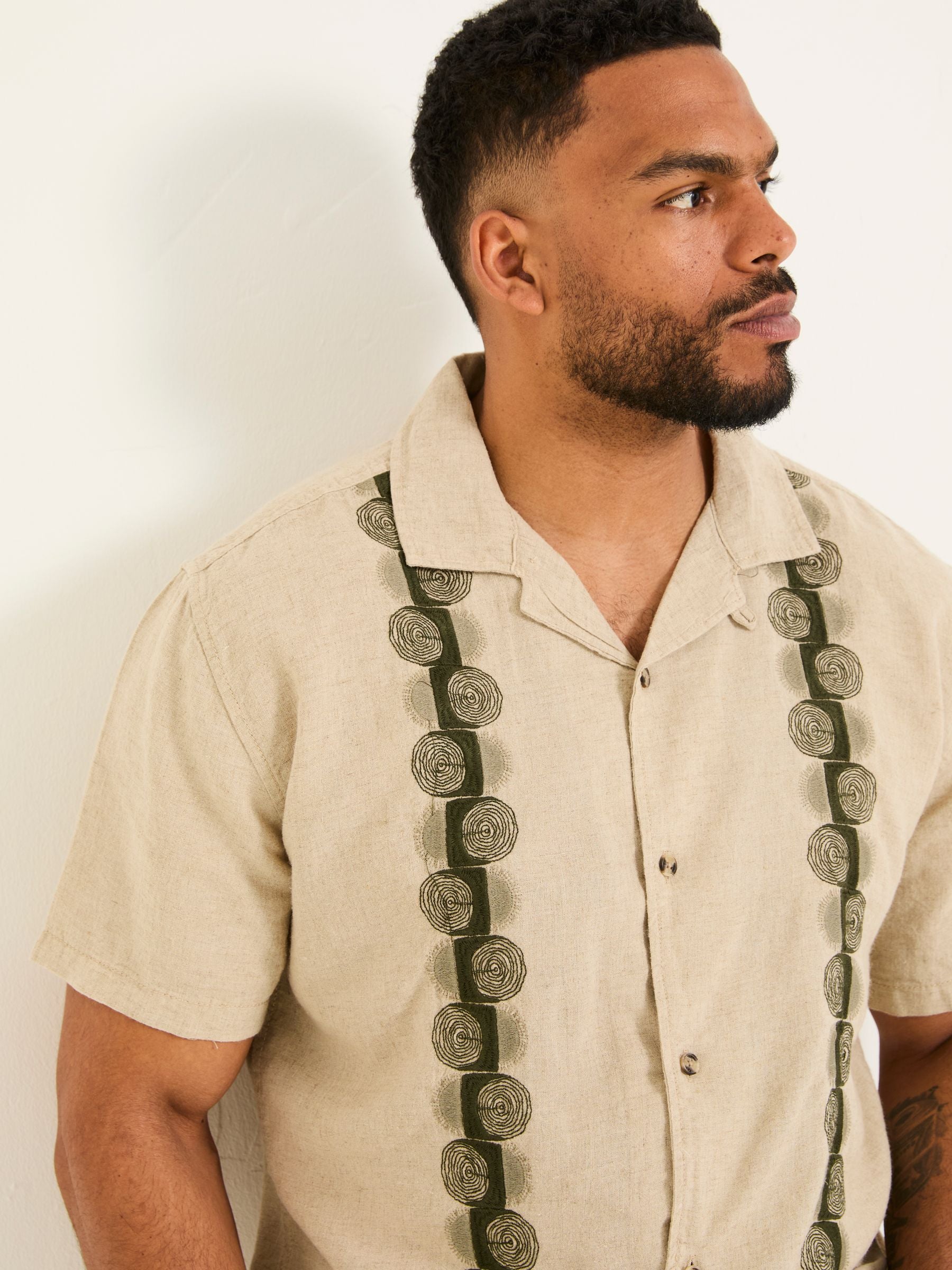 Natural Short Sleeve Embroidered Floral 100% Cotton Shirt