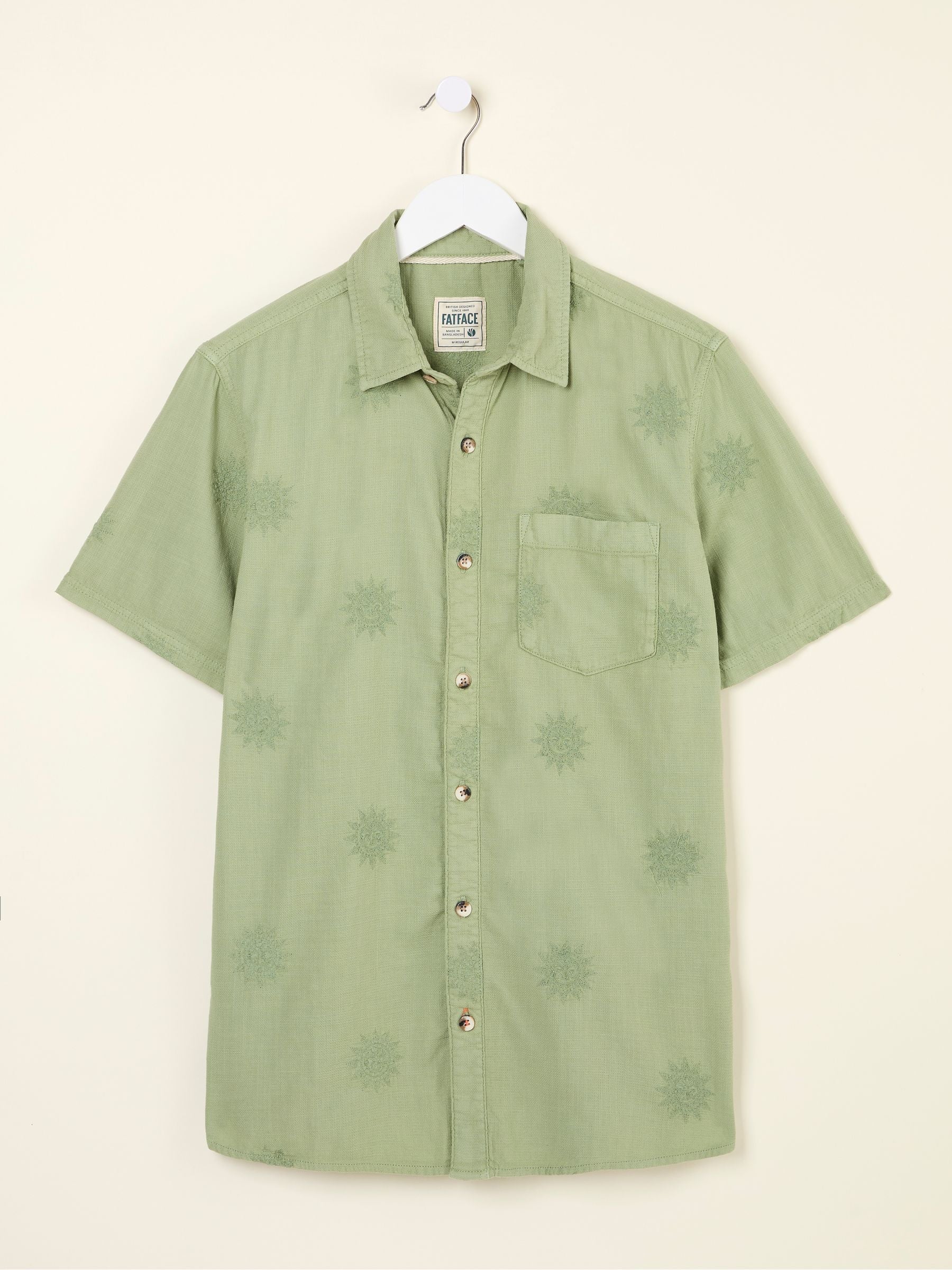 Green Short Sleeve Sun Embroidered Shirt
