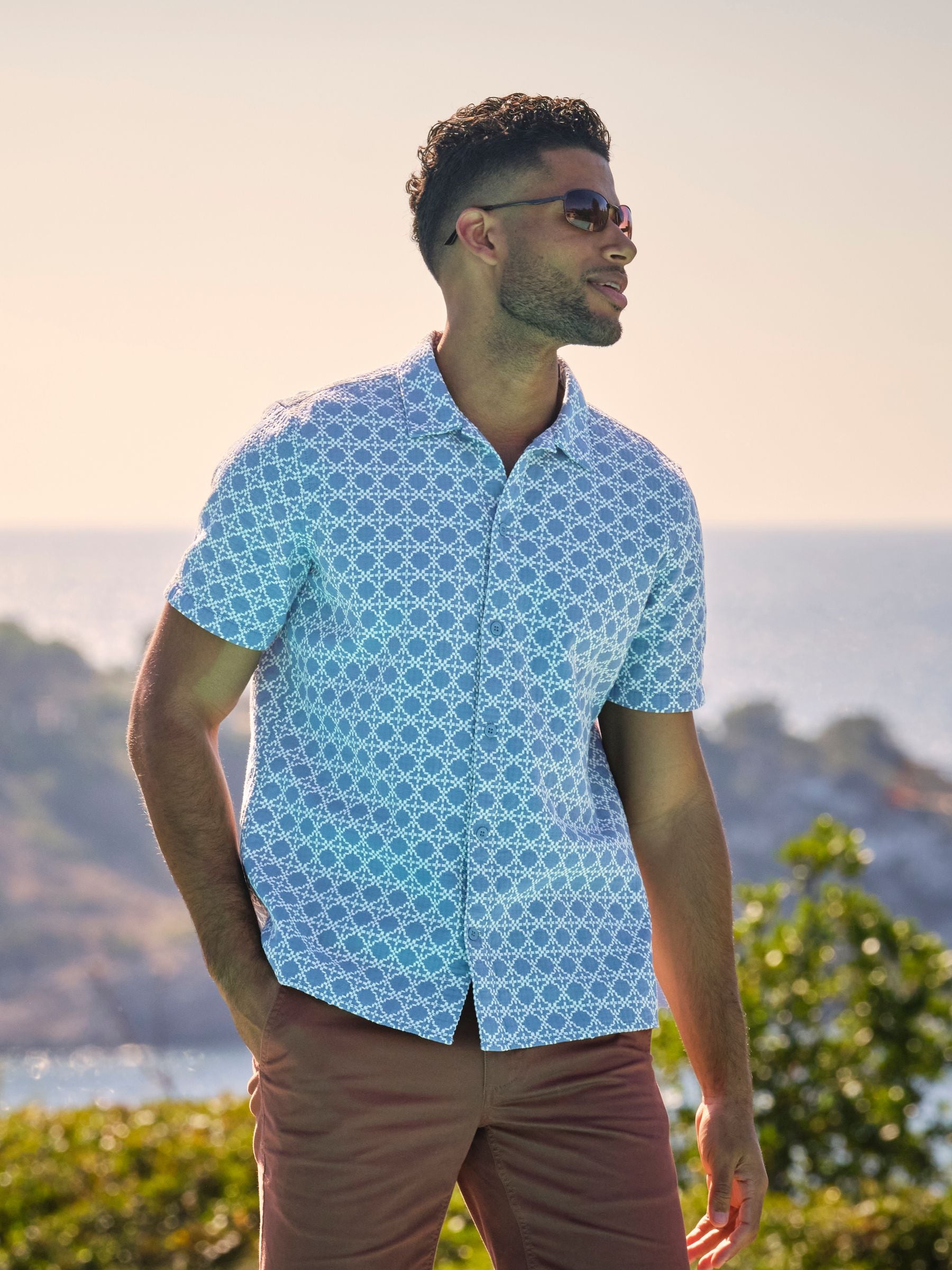 Blue Short Sleeve Embroidered Geo 100% Cotton Shirt