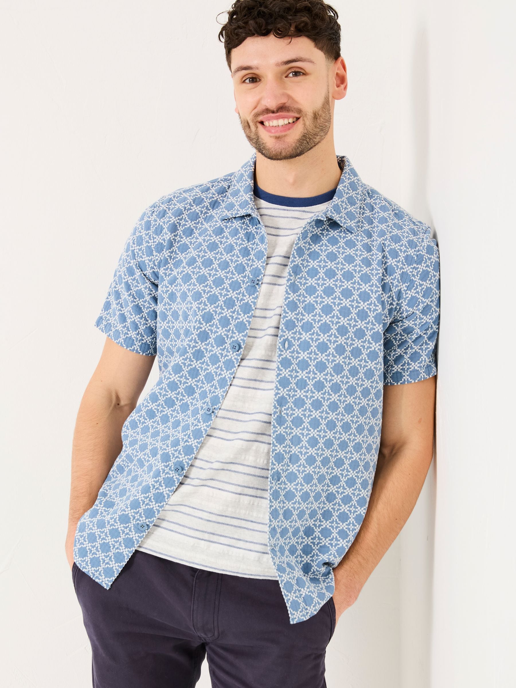 Blue Short Sleeve Embroidered Geo 100% Cotton Shirt
