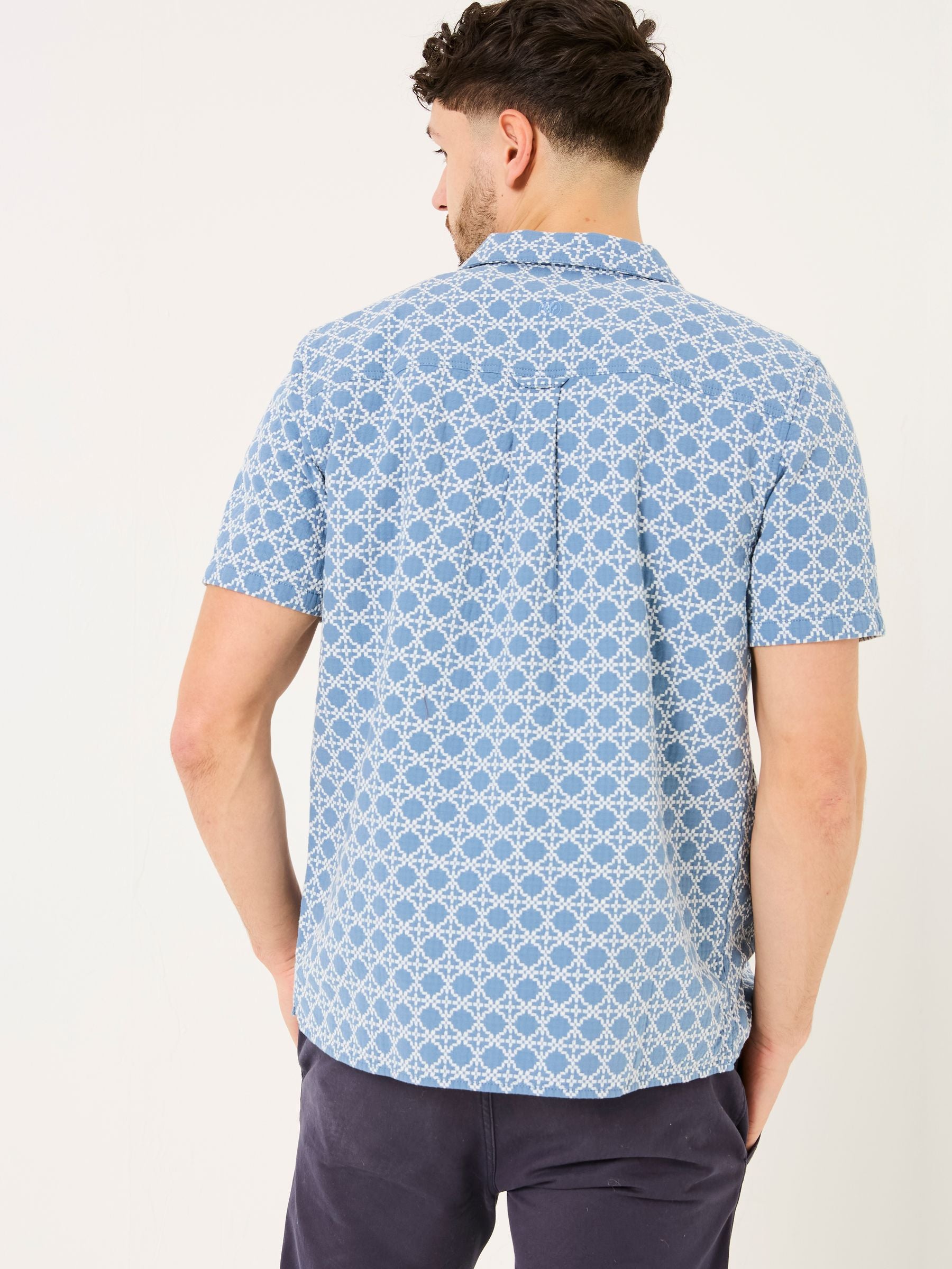 Blue Short Sleeve Embroidered Geo 100% Cotton Shirt