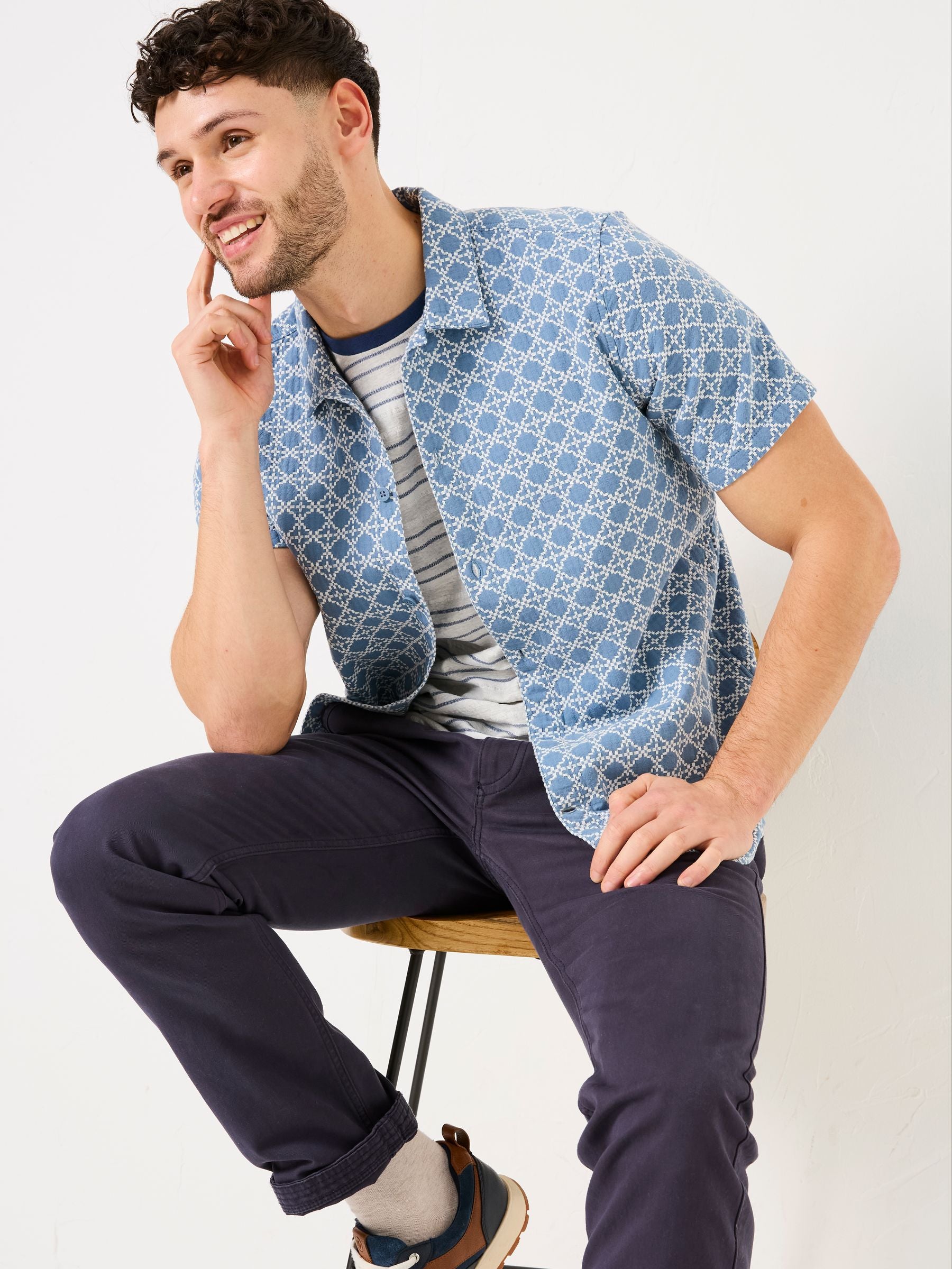 Blue Short Sleeve Embroidered Geo 100% Cotton Shirt