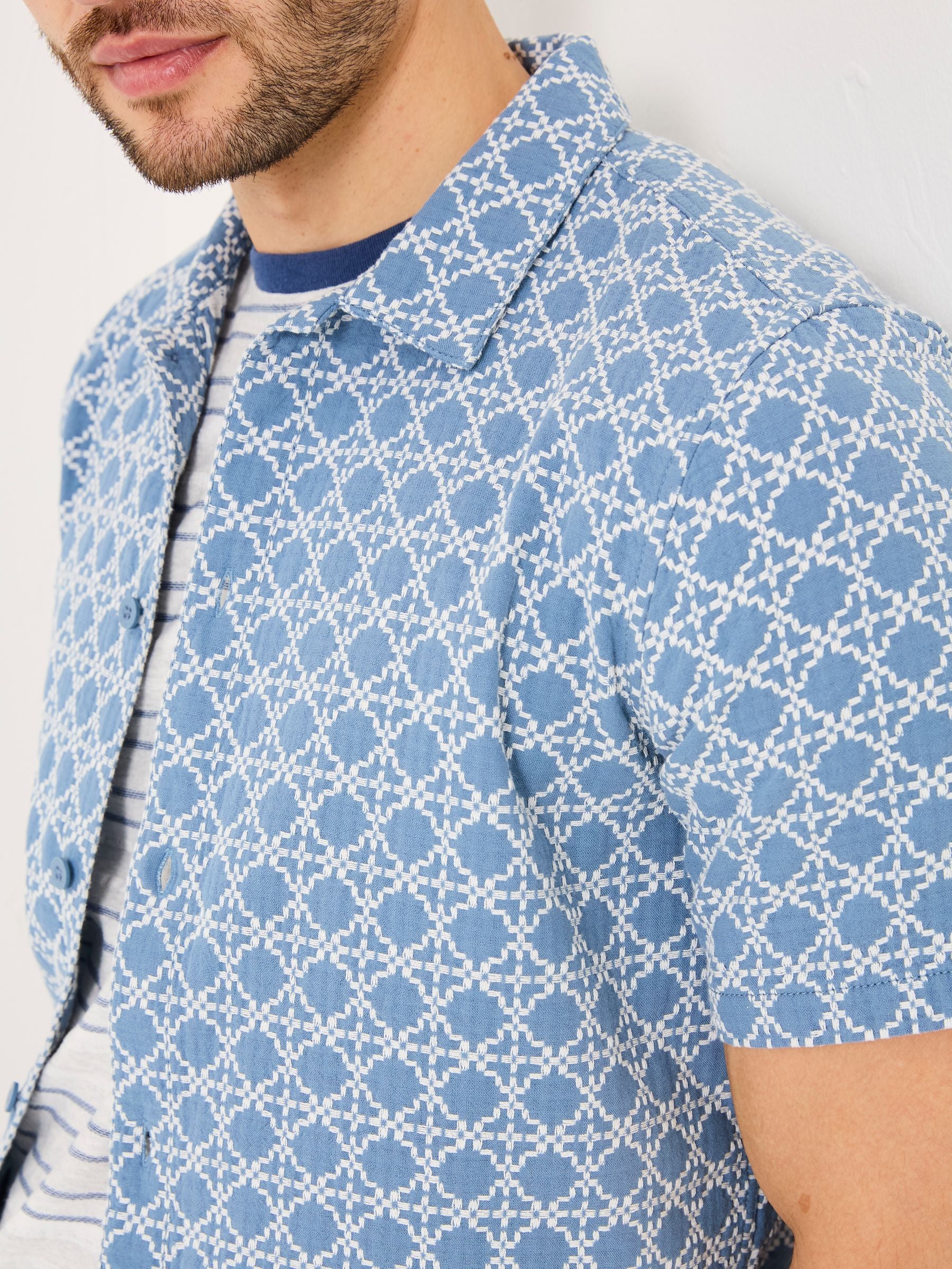 Blue Short Sleeve Embroidered Geo 100% Cotton Shirt