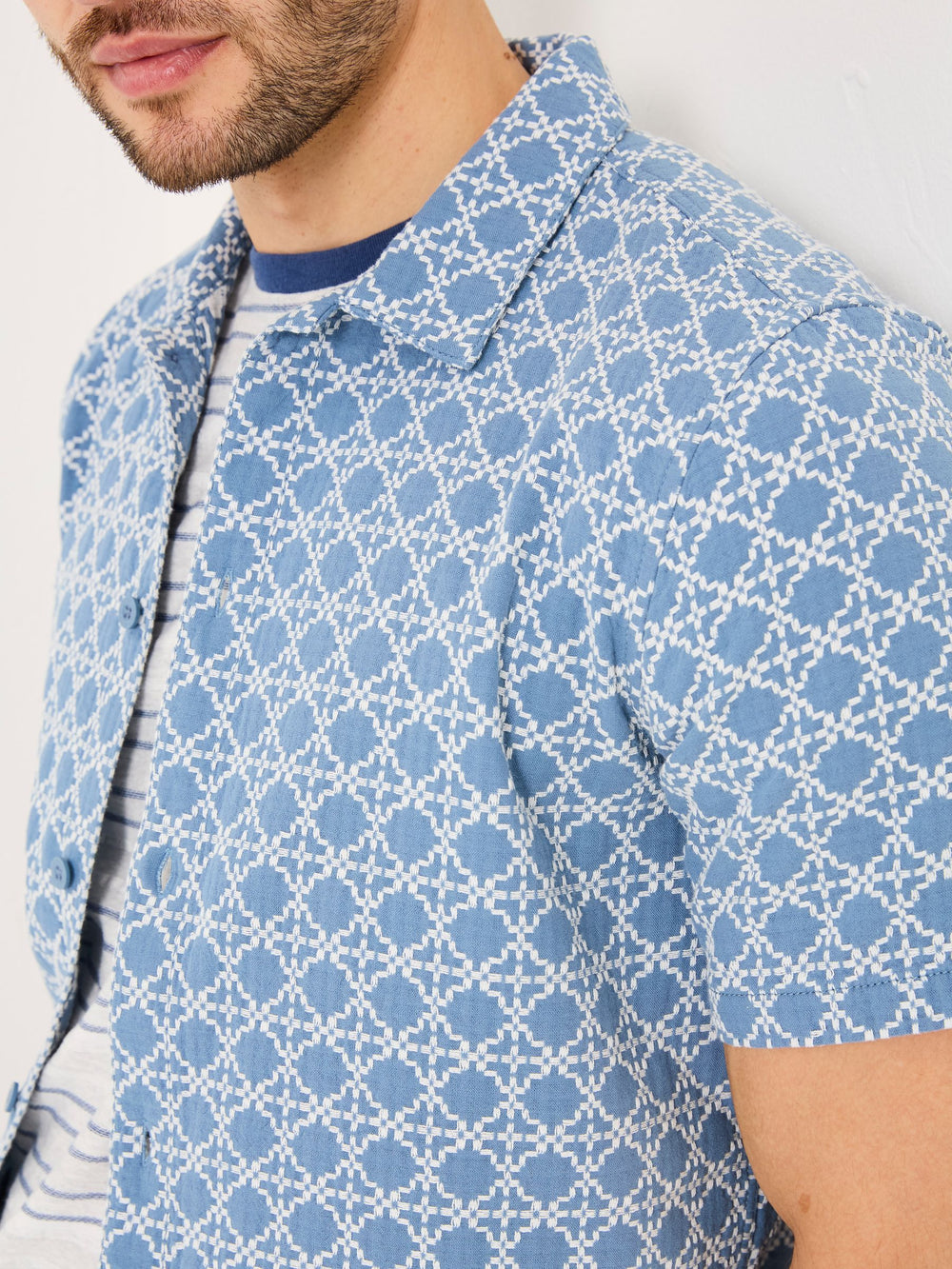 Blue Short Sleeve Embroidered Geo 100% Cotton Shirt