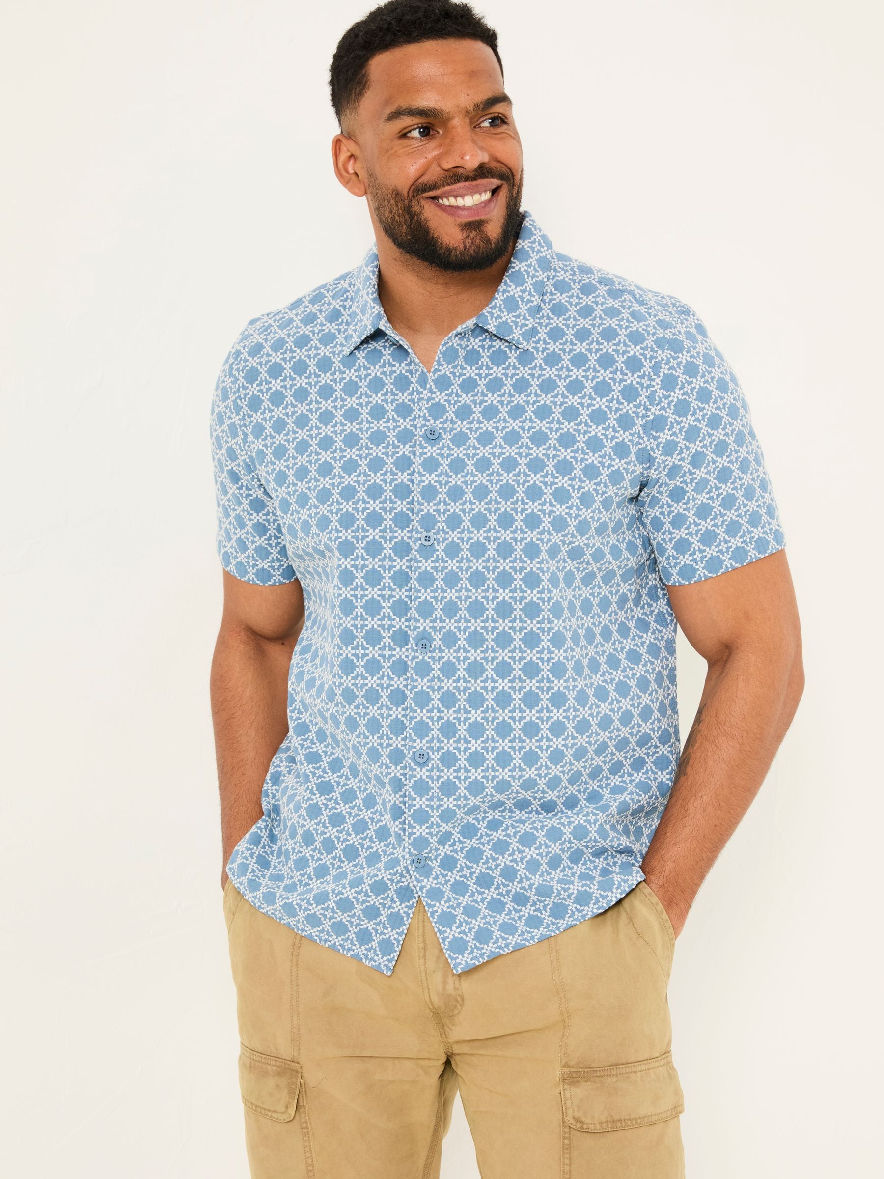 Blue Short Sleeve Embroidered Geo 100% Cotton Shirt
