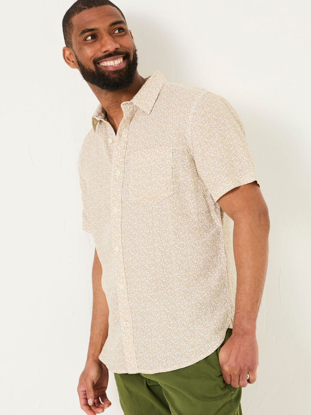 Natural Short Sleeve Linen Leaf Print 100% Linen Shirt