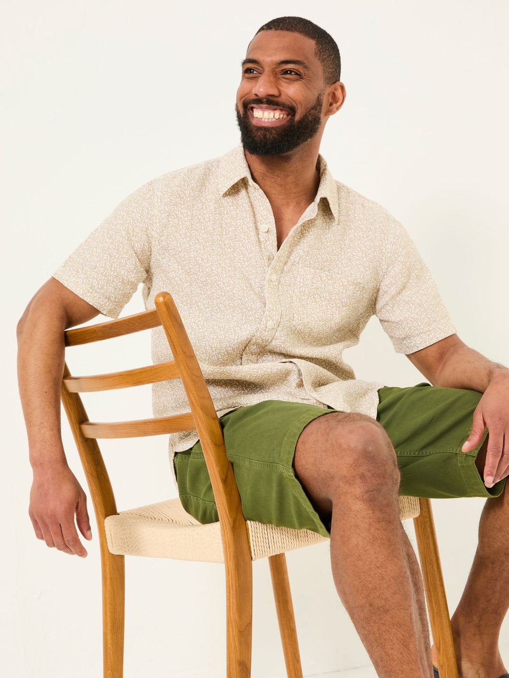 Natural Short Sleeve Linen Leaf Print 100% Linen Shirt