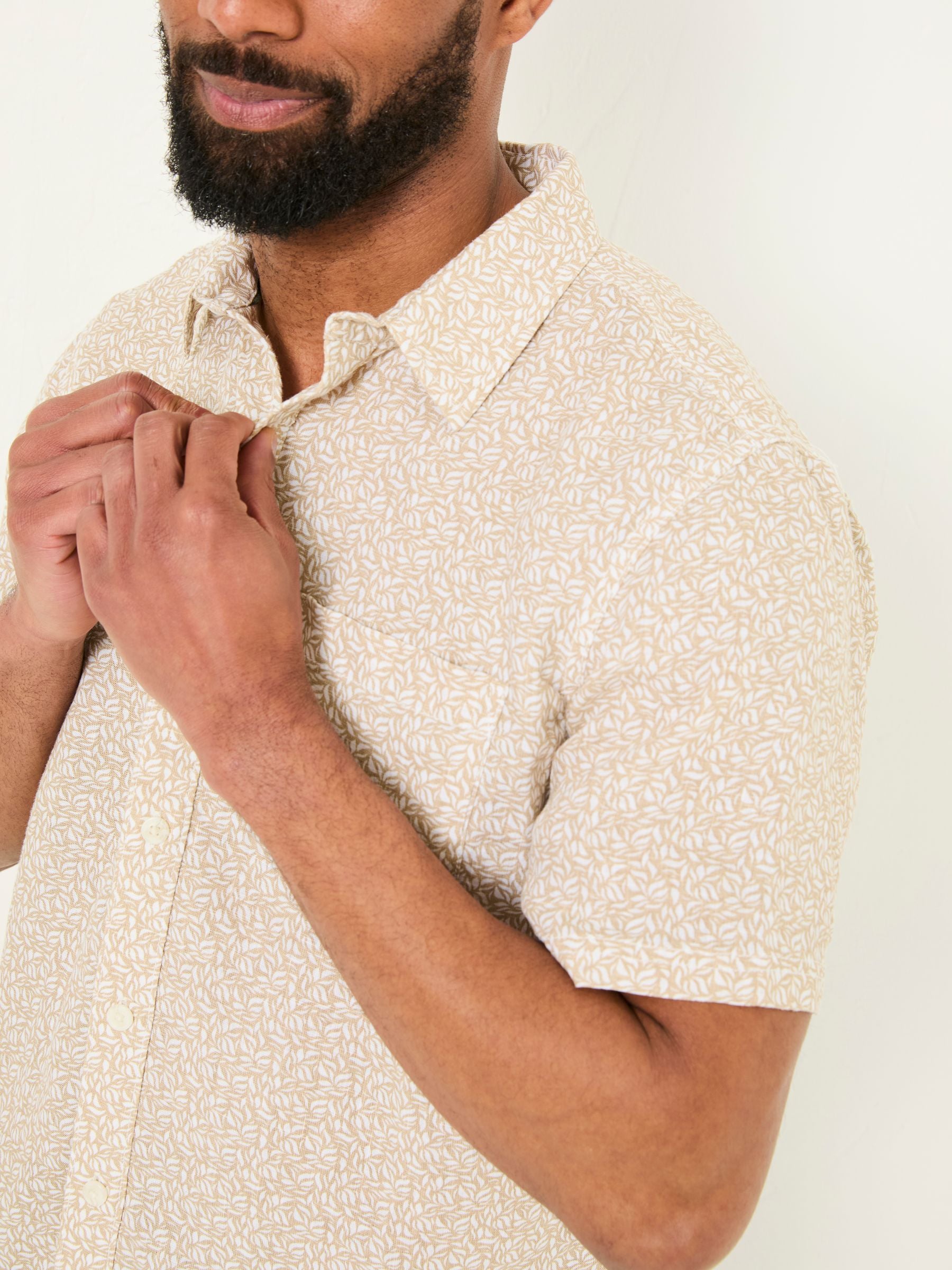 Natural Short Sleeve Linen Leaf Print 100% Linen Shirt