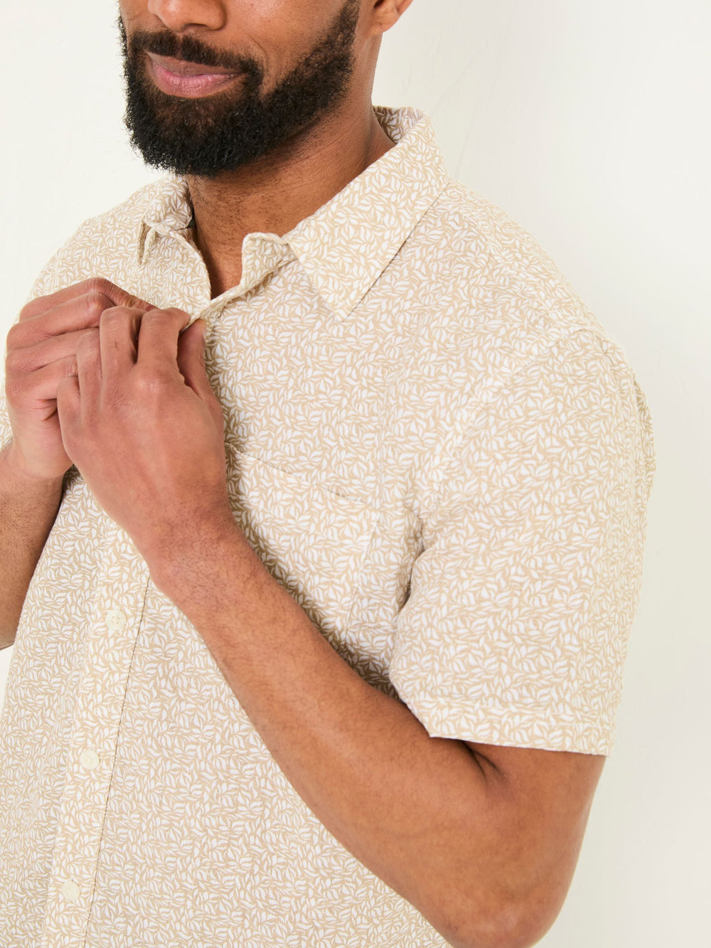 Natural Short Sleeve Linen Leaf Print 100% Linen Shirt
