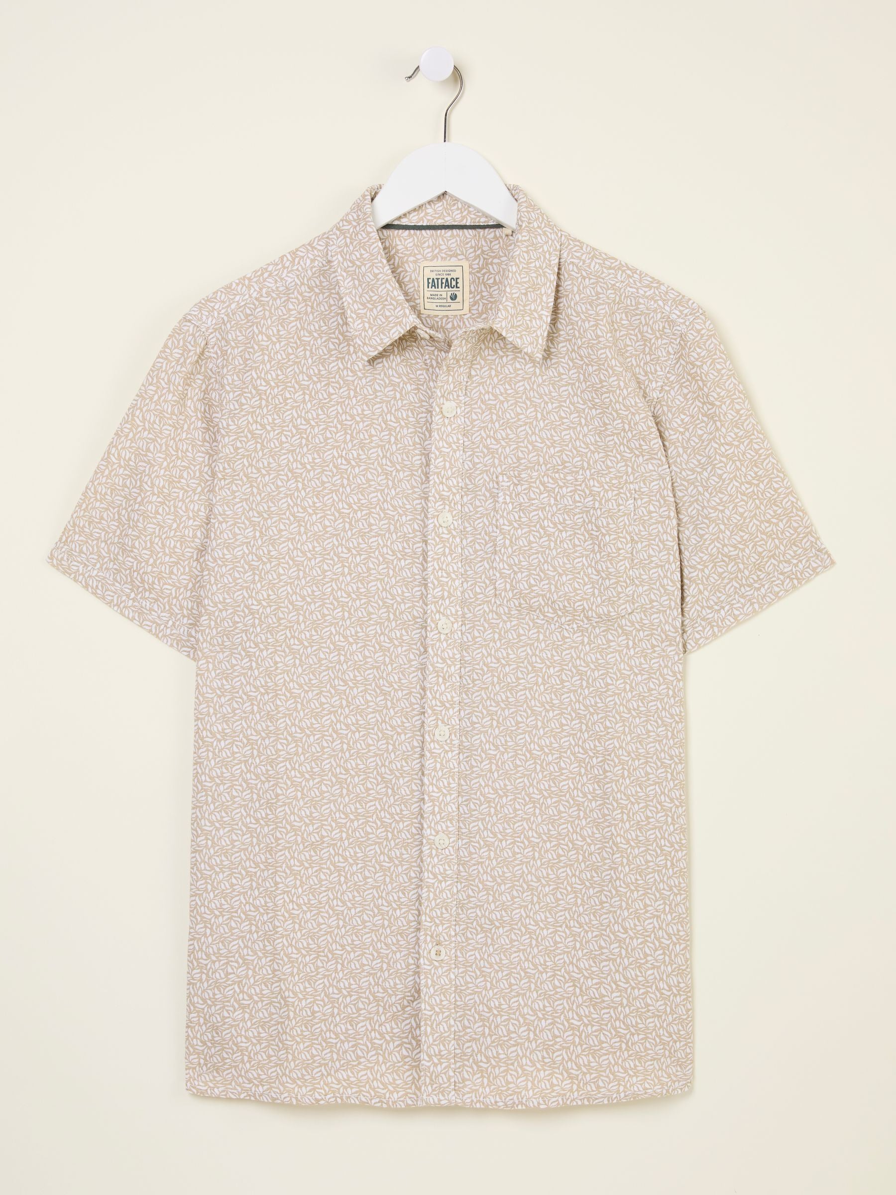 Natural Short Sleeve Linen Leaf Print 100% Linen Shirt