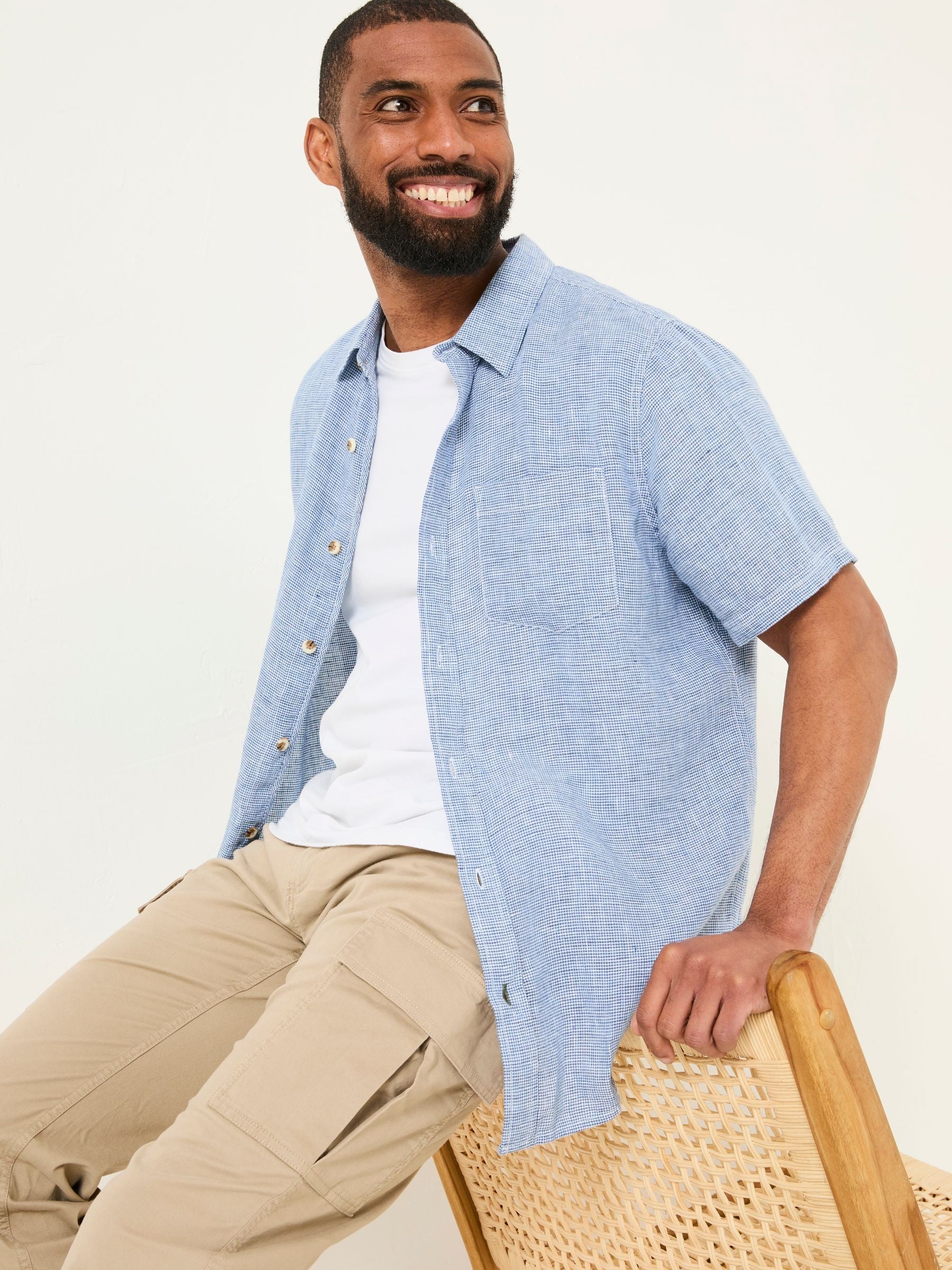 Blue Short Sleeve Micro Linen Check 100% Linen Shirt