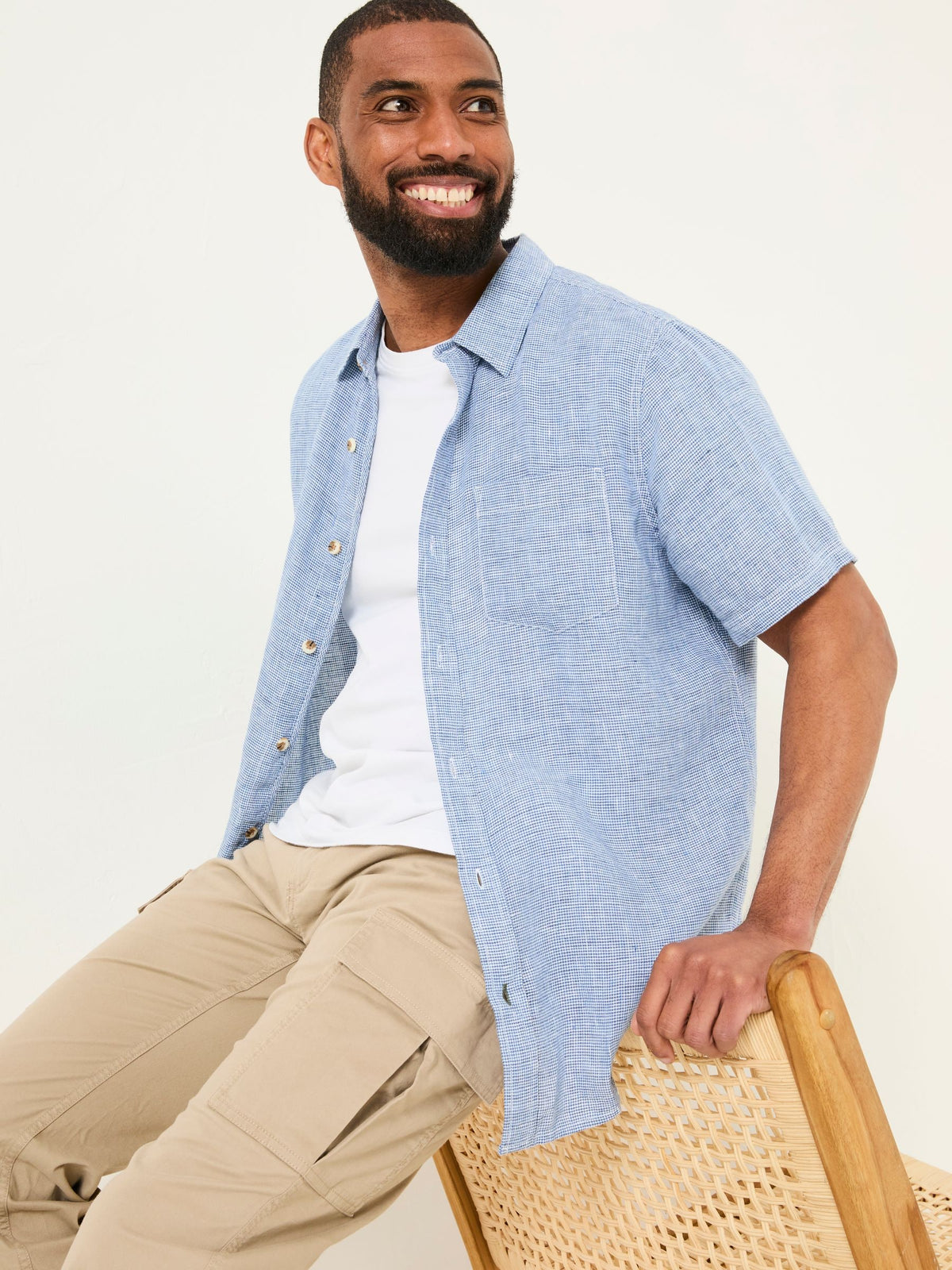Blue Short Sleeve Micro Linen Check 100% Linen Shirt