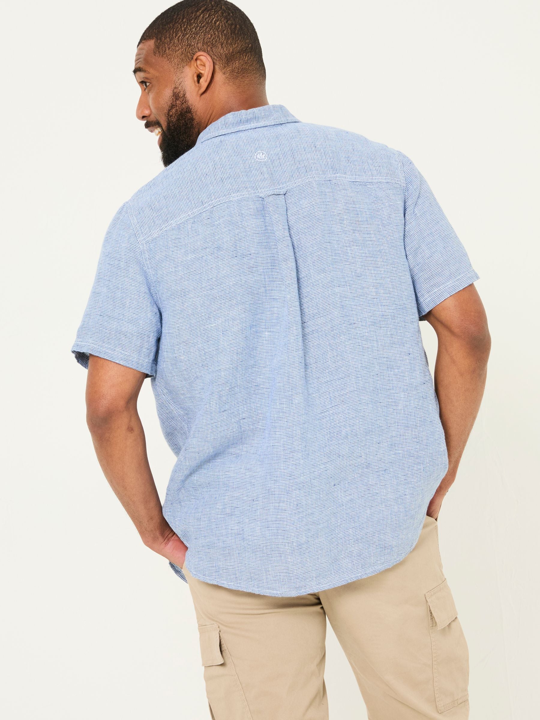 Blue Short Sleeve Micro Linen Check 100% Linen Shirt