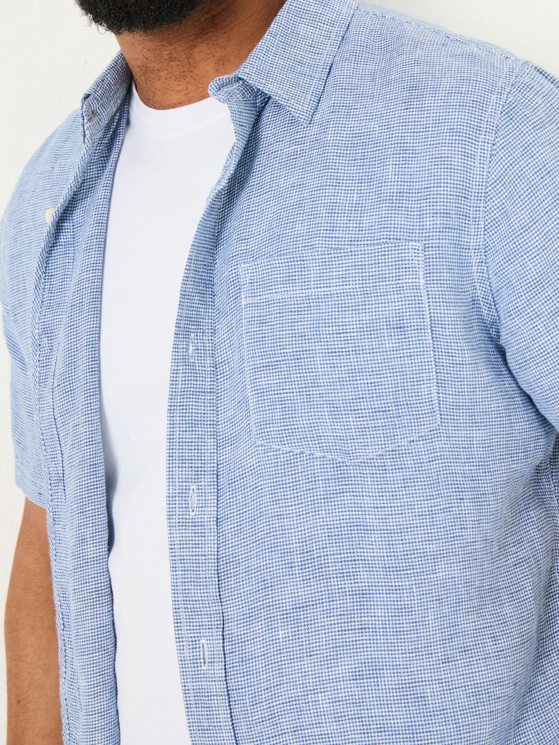 Blue Short Sleeve Micro Linen Check 100% Linen Shirt