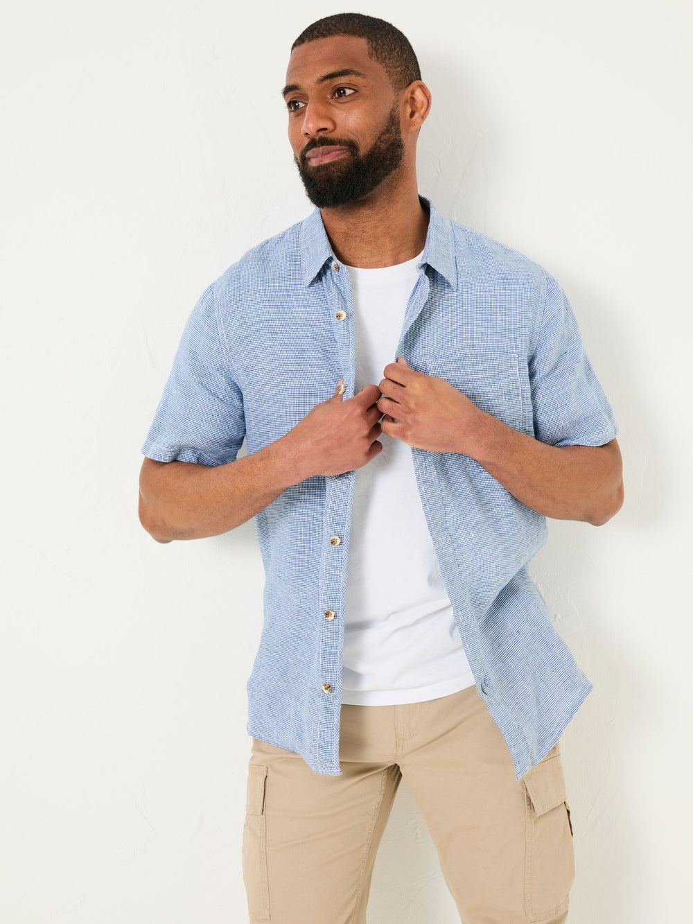 Blue Short Sleeve Micro Linen Check 100% Linen Shirt