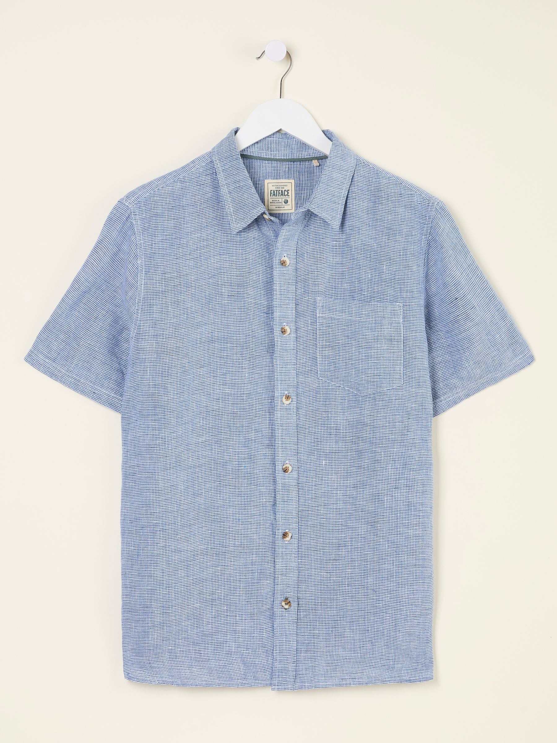 Blue Short Sleeve Micro Linen Check 100% Linen Shirt