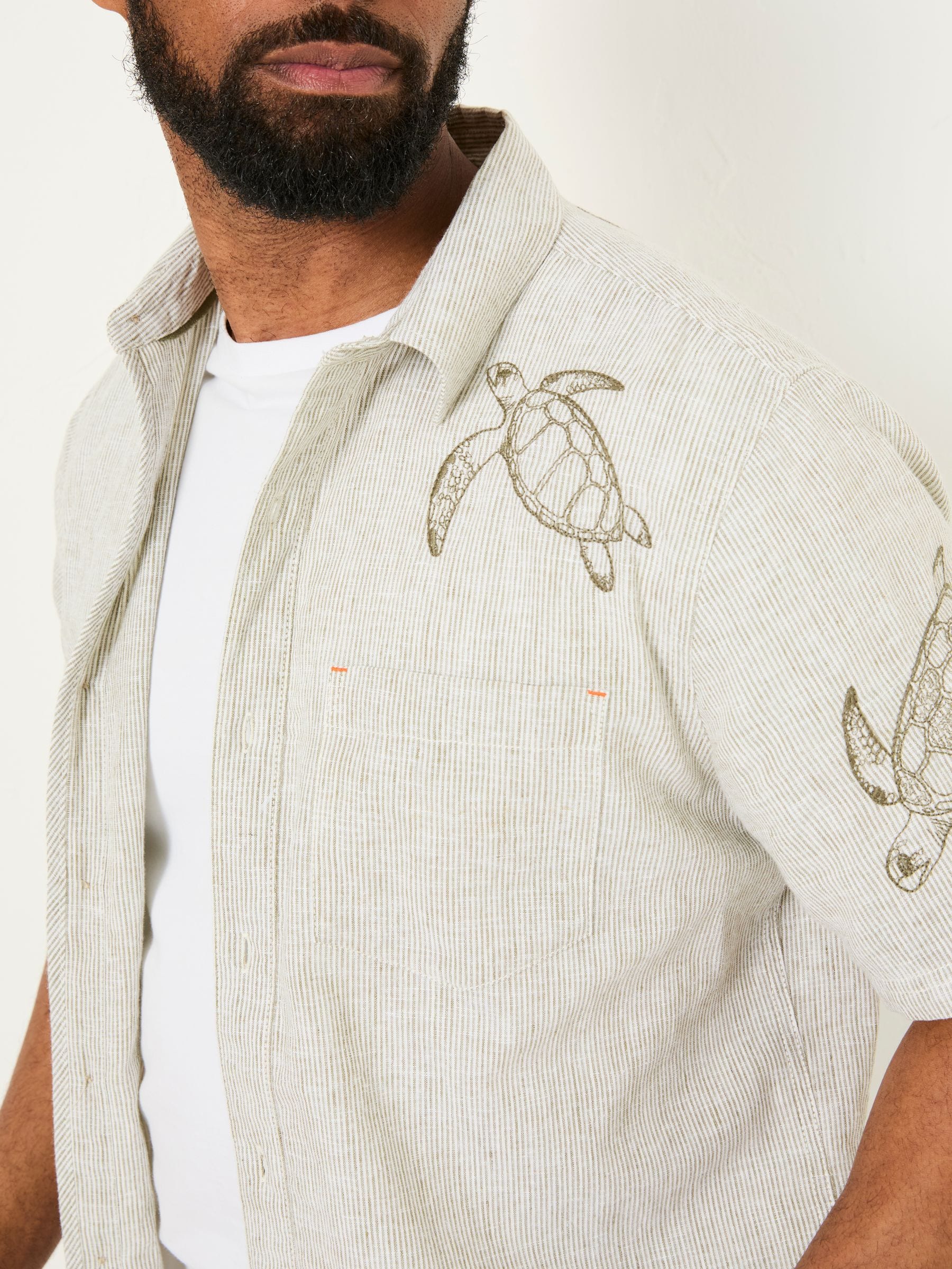 Khaki Green Short Sleeve Embroidered Turtle Shirt