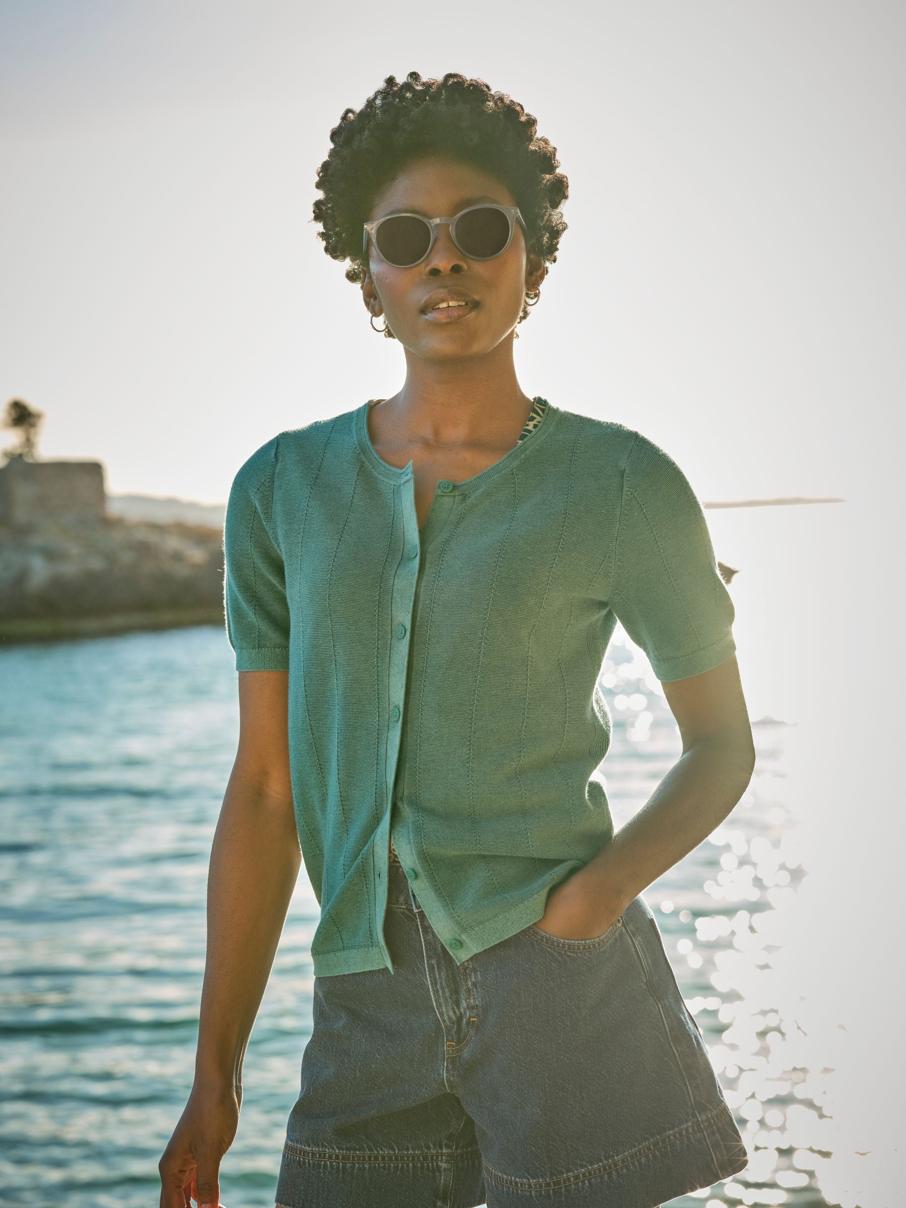 Lili Teal Blue Laundered Short Sleeve Cardigan