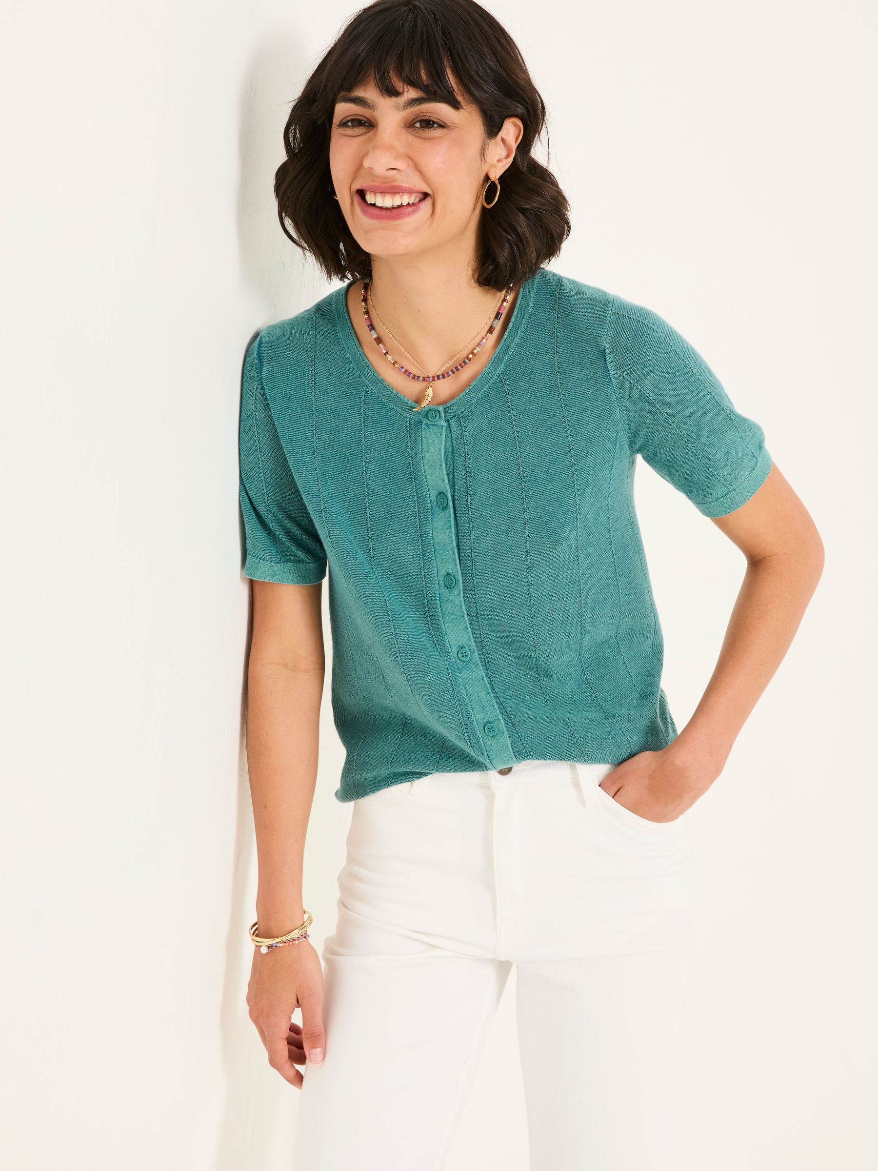 Lili Teal Blue Laundered Short Sleeve Cardigan