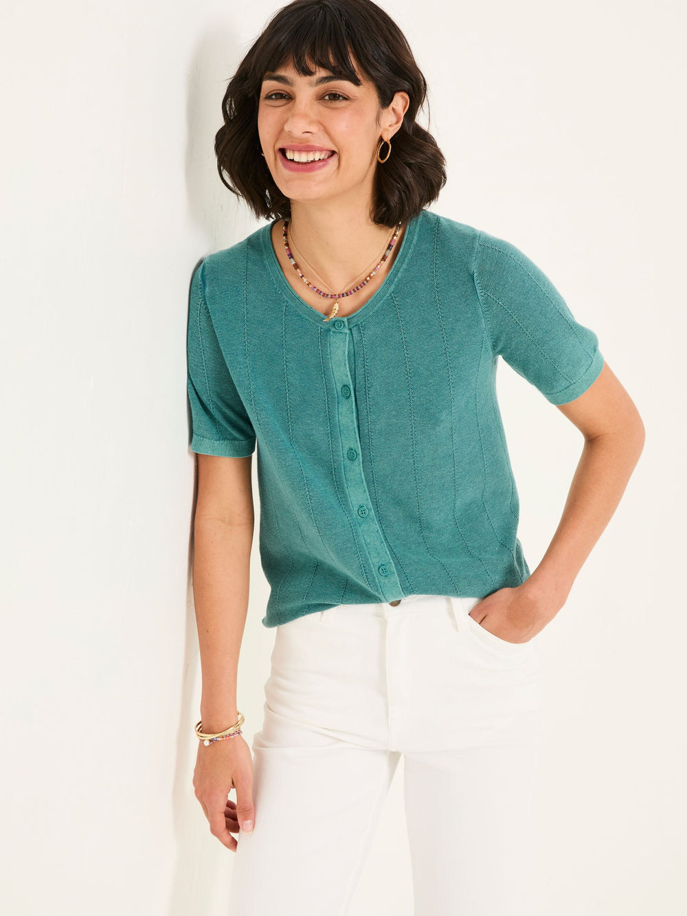 Lili Teal Blue Laundered Short Sleeve Cardigan