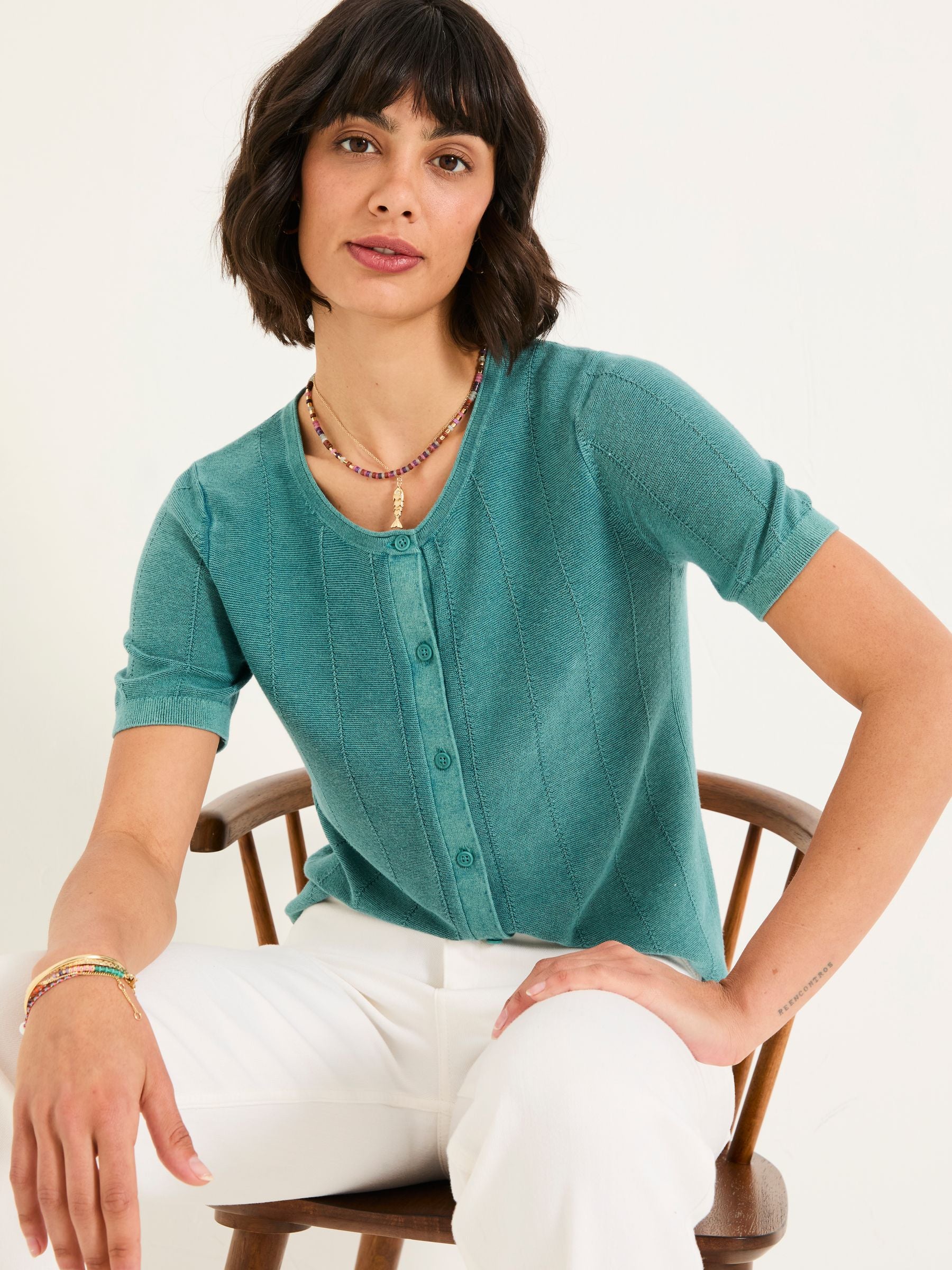 Lili Teal Blue Laundered Short Sleeve Cardigan
